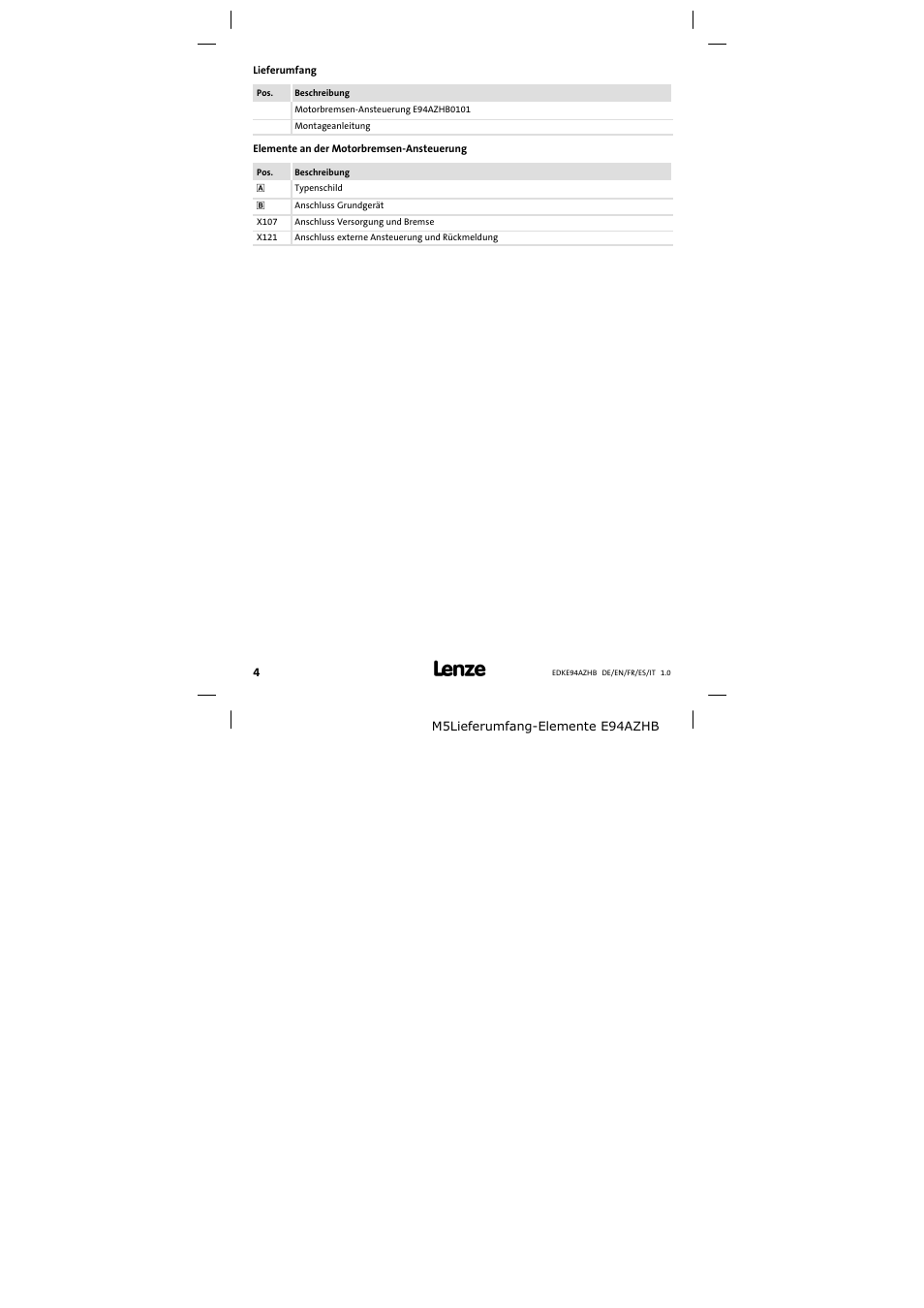 Lieferumfang | Lenze E94AZHB0101 User Manual | Page 4 / 104