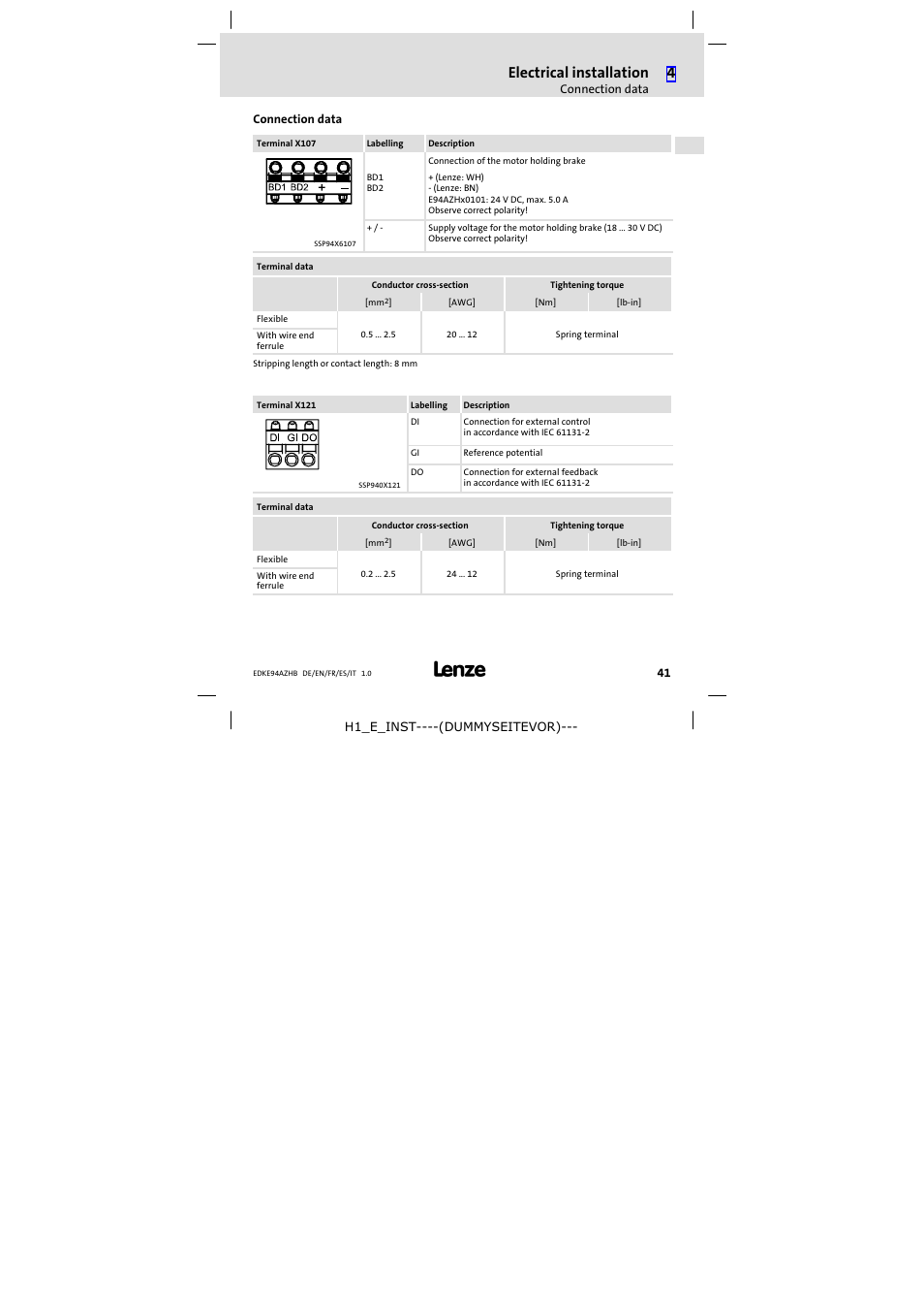 Connection data, Electrical installation | Lenze E94AZHB0101 User Manual | Page 41 / 104