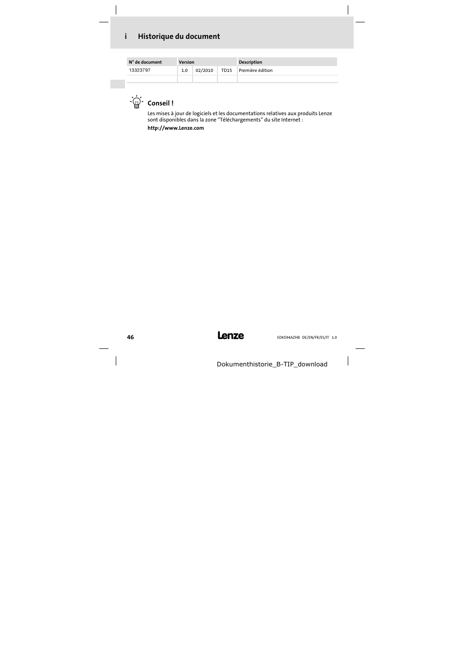 Historique du document, Ihistorique du document | Lenze E94AZHB0101 User Manual | Page 46 / 104