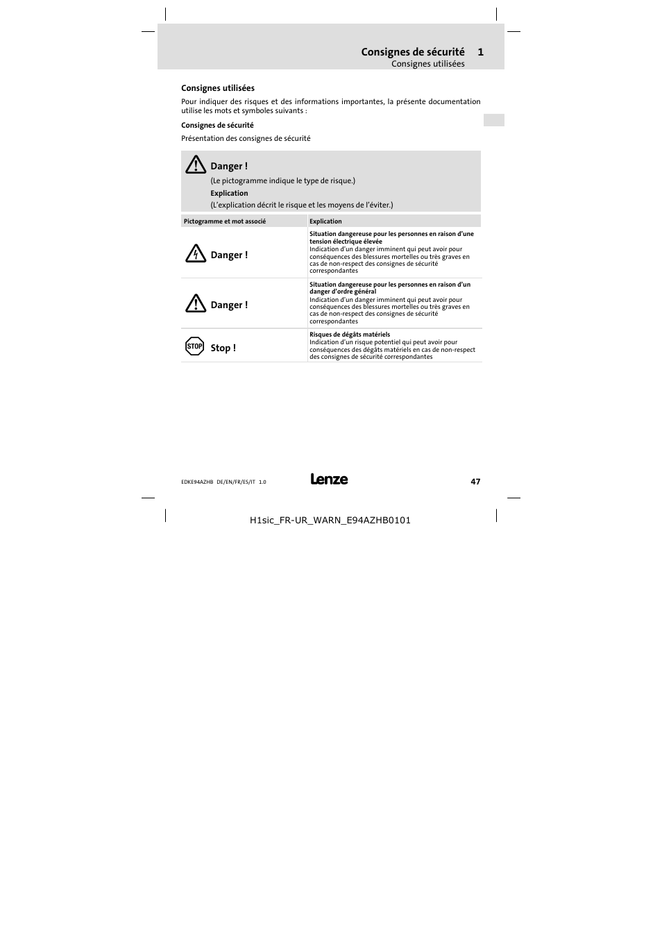 1 consignes de sécurité, Consignes utilisées, Consignes de sécurité | Lenze E94AZHB0101 User Manual | Page 47 / 104