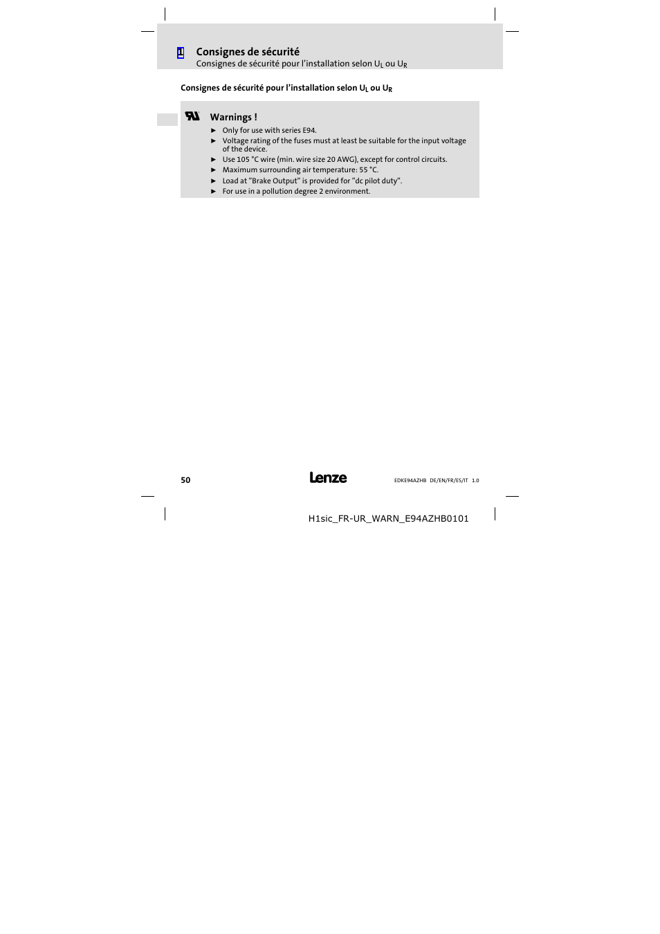 1consignes de sécurité | Lenze E94AZHB0101 User Manual | Page 50 / 104