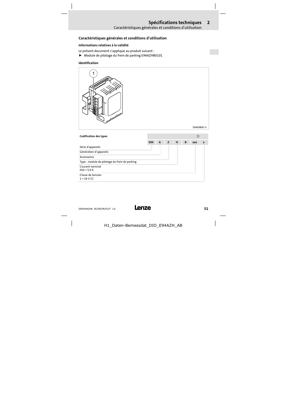 2 spécifications techniques, Spécifications techniques | Lenze E94AZHB0101 User Manual | Page 51 / 104