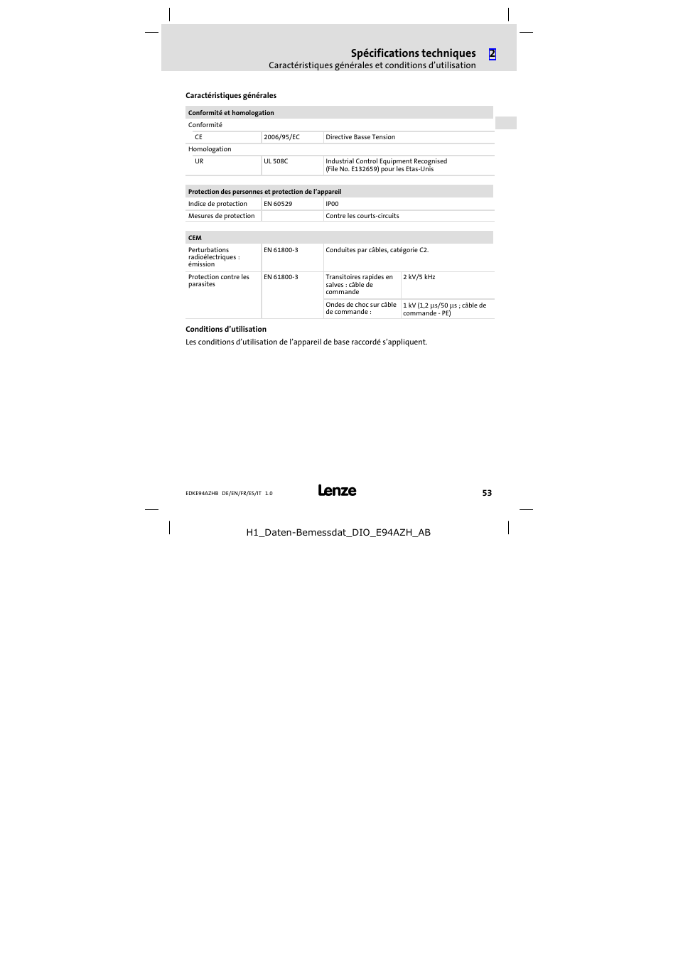 Spécifications techniques | Lenze E94AZHB0101 User Manual | Page 53 / 104