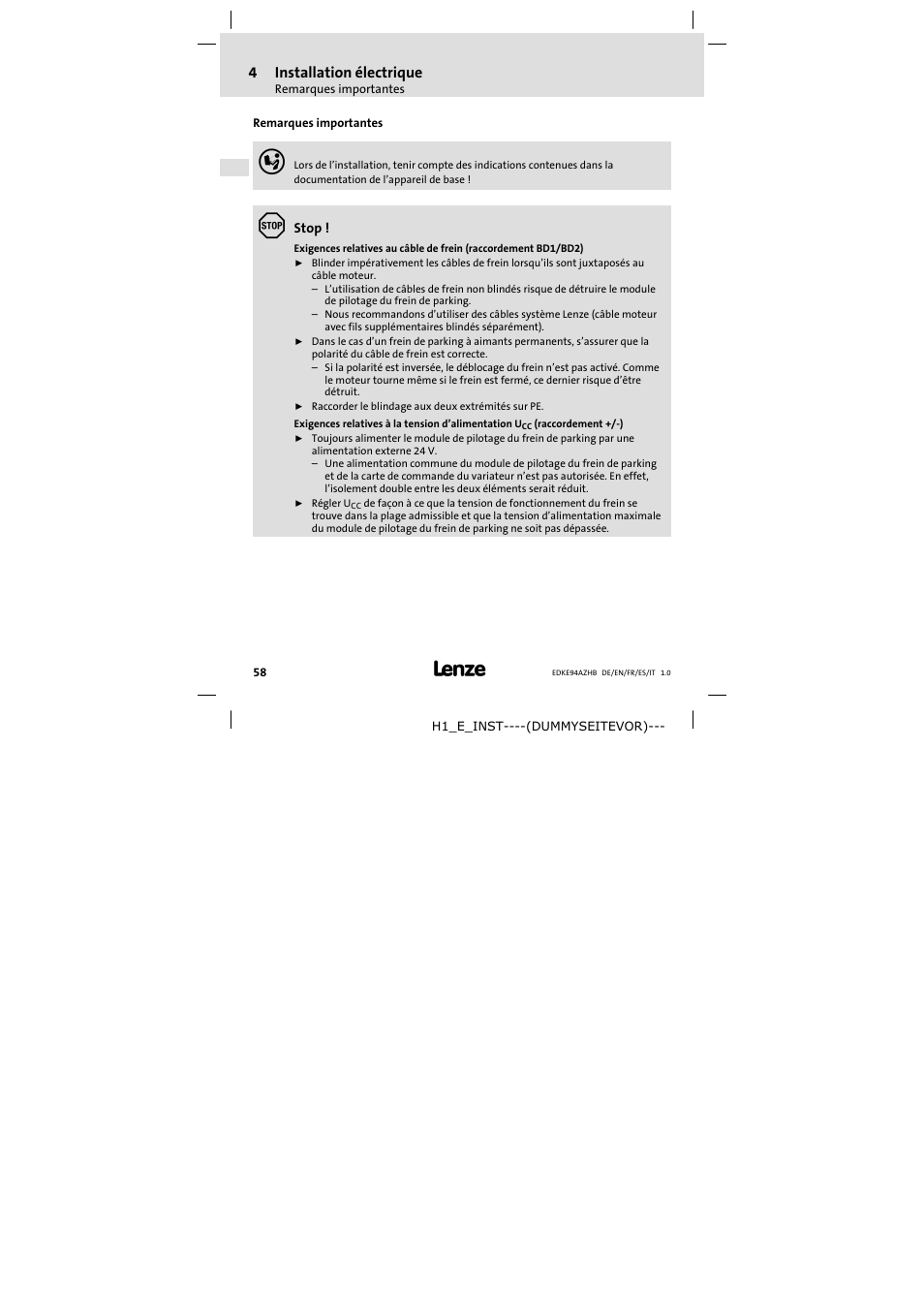 4 installation électrique, Remarques importantes, Installation électrique | 4installation électrique | Lenze E94AZHB0101 User Manual | Page 58 / 104