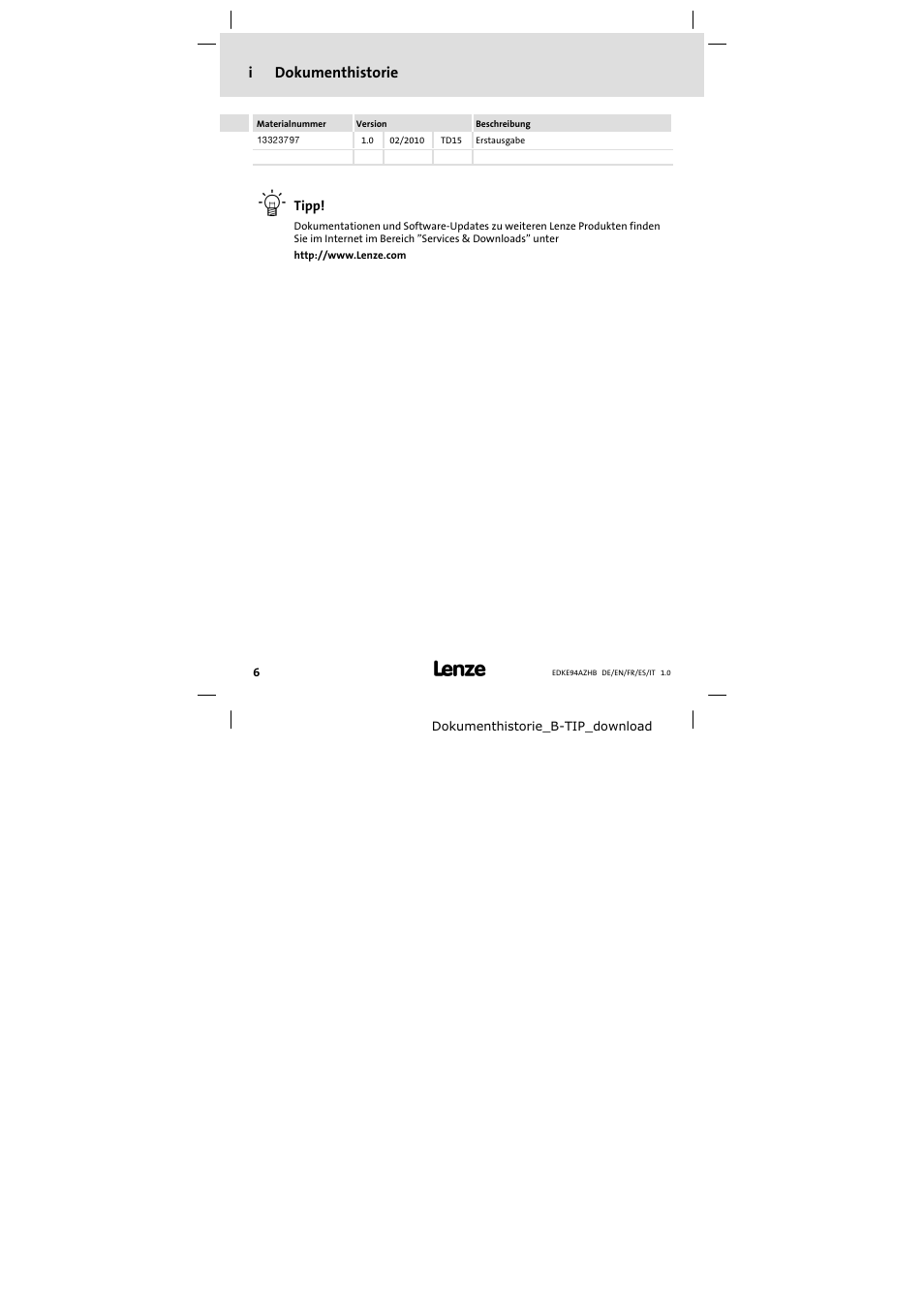 Dokumenthistorie, Idokumenthistorie | Lenze E94AZHB0101 User Manual | Page 6 / 104