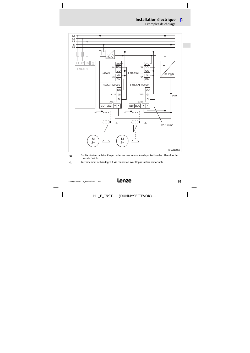 Installation électrique | Lenze E94AZHB0101 User Manual | Page 63 / 104