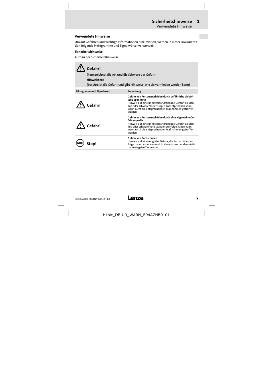 1 sicherheitshinweise, Verwendete hinweise, Sicherheitshinweise | Lenze E94AZHB0101 User Manual | Page 7 / 104