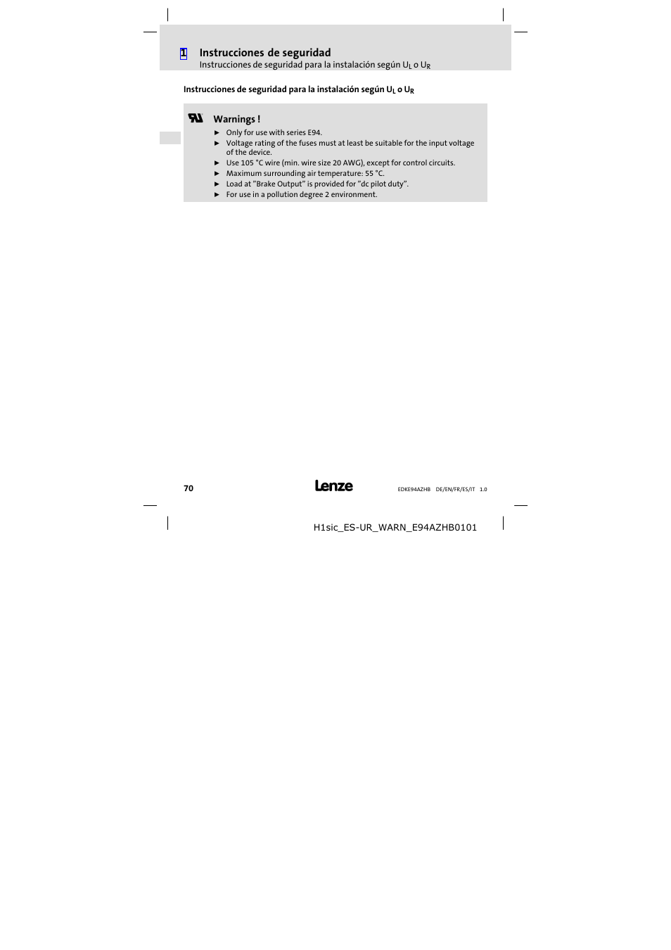 1instrucciones de seguridad | Lenze E94AZHB0101 User Manual | Page 70 / 104