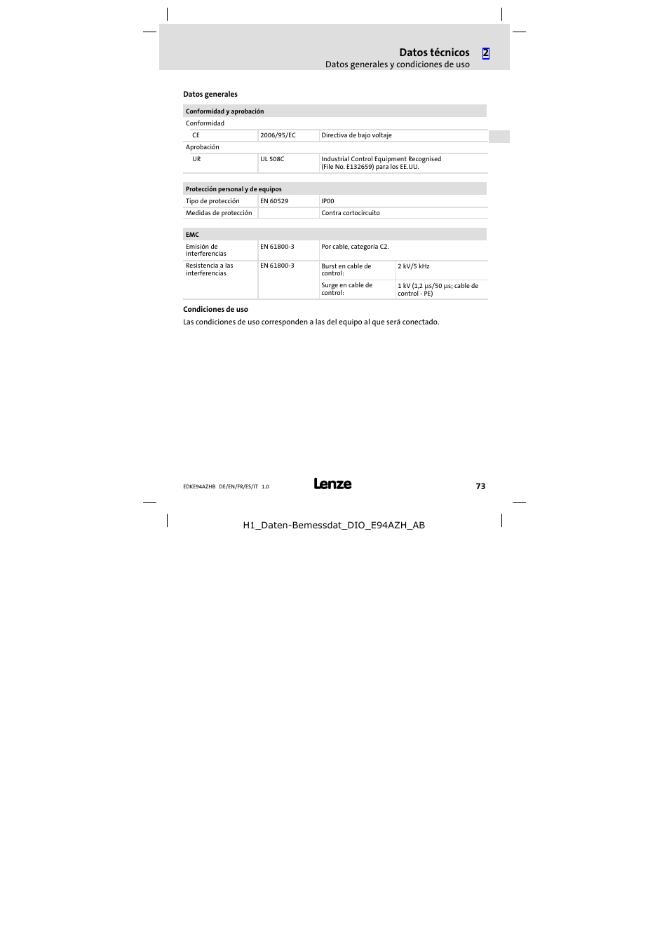 Datos técnicos | Lenze E94AZHB0101 User Manual | Page 73 / 104