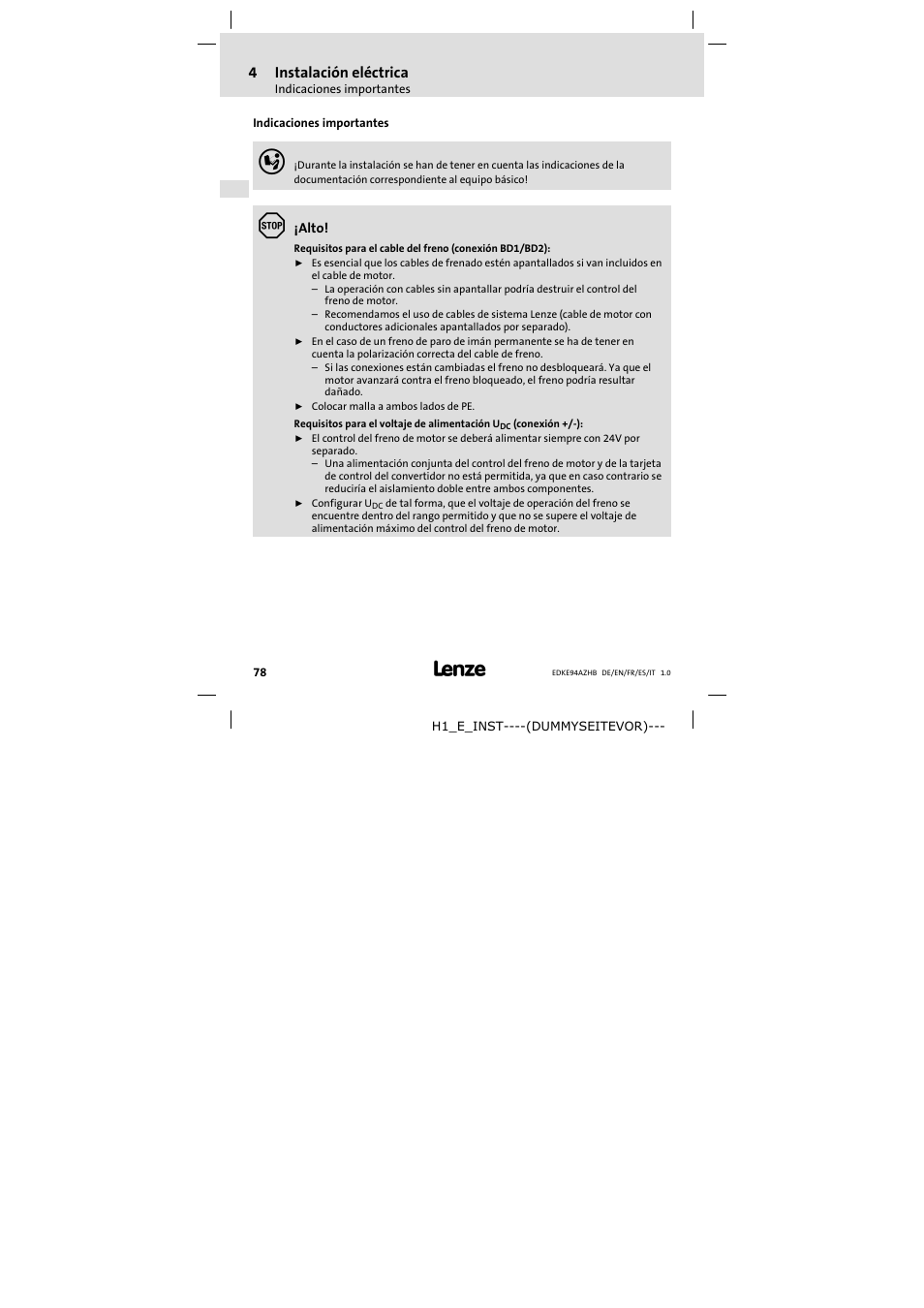 4 instalación eléctrica, Indicaciones importantes, Instalación eléctrica | 4instalación eléctrica | Lenze E94AZHB0101 User Manual | Page 78 / 104