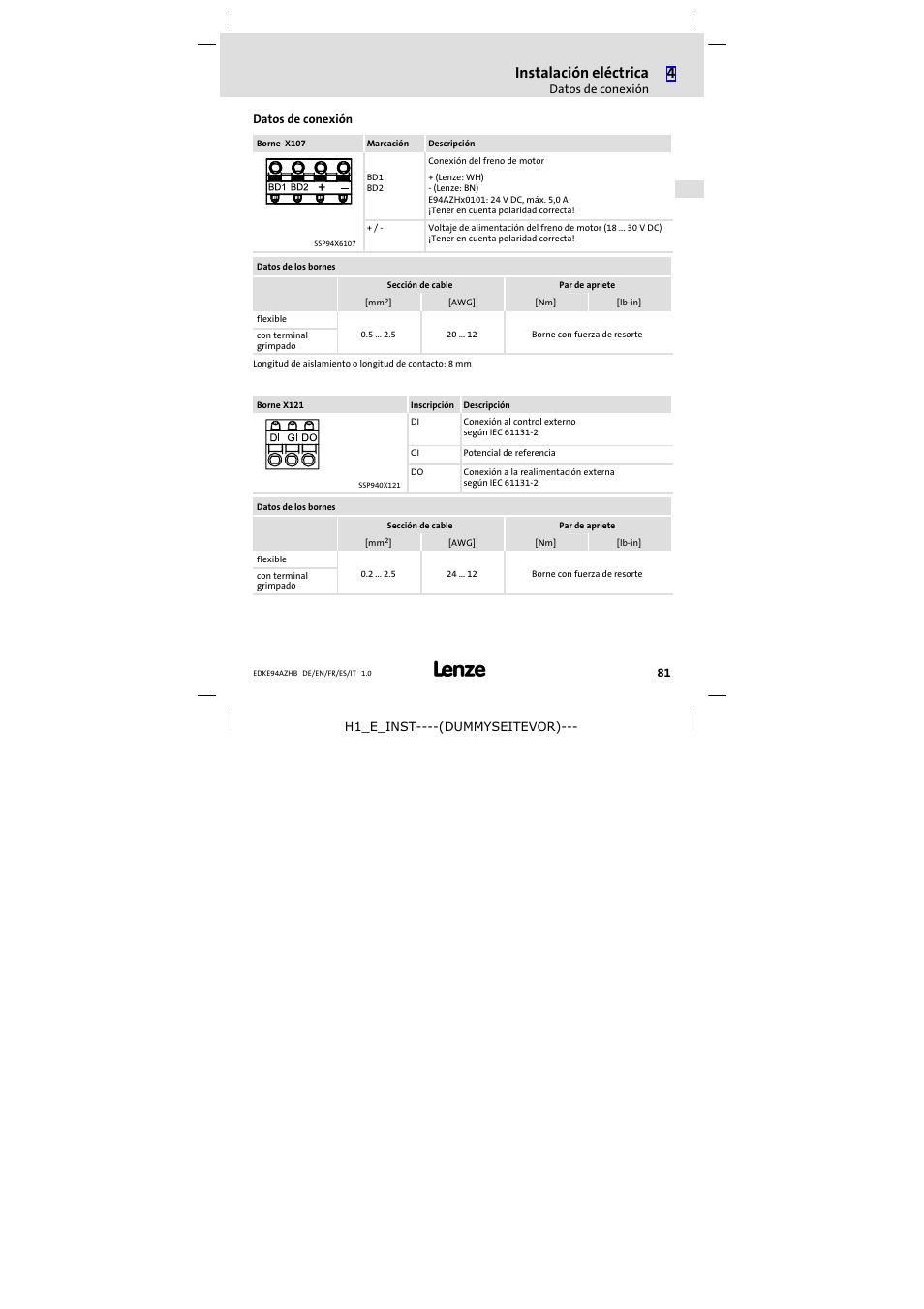 Datos de conexión, Instalación eléctrica | Lenze E94AZHB0101 User Manual | Page 81 / 104