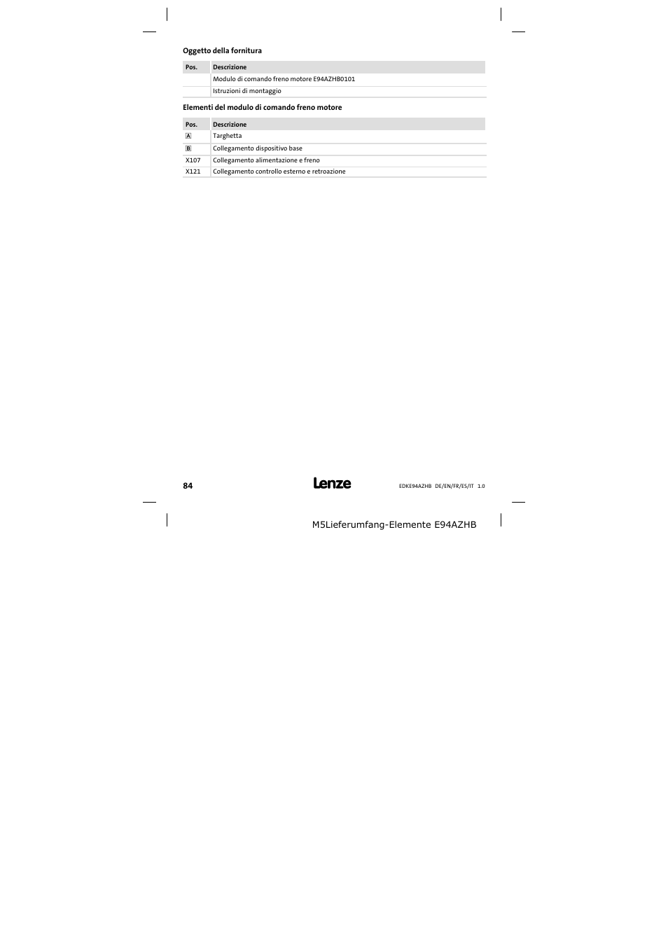 Oggetto della fornitura | Lenze E94AZHB0101 User Manual | Page 84 / 104