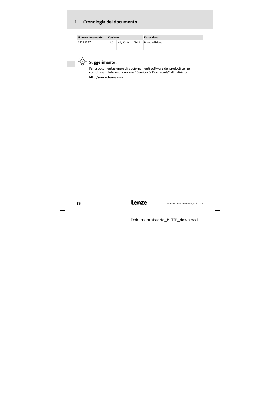 Cronologia del documento, Icronologia del documento | Lenze E94AZHB0101 User Manual | Page 86 / 104