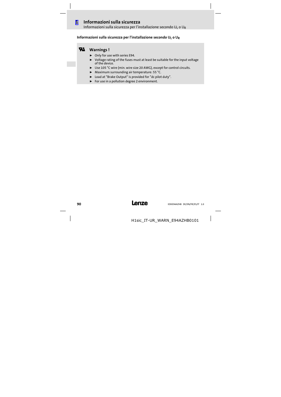 1informazioni sulla sicurezza | Lenze E94AZHB0101 User Manual | Page 90 / 104