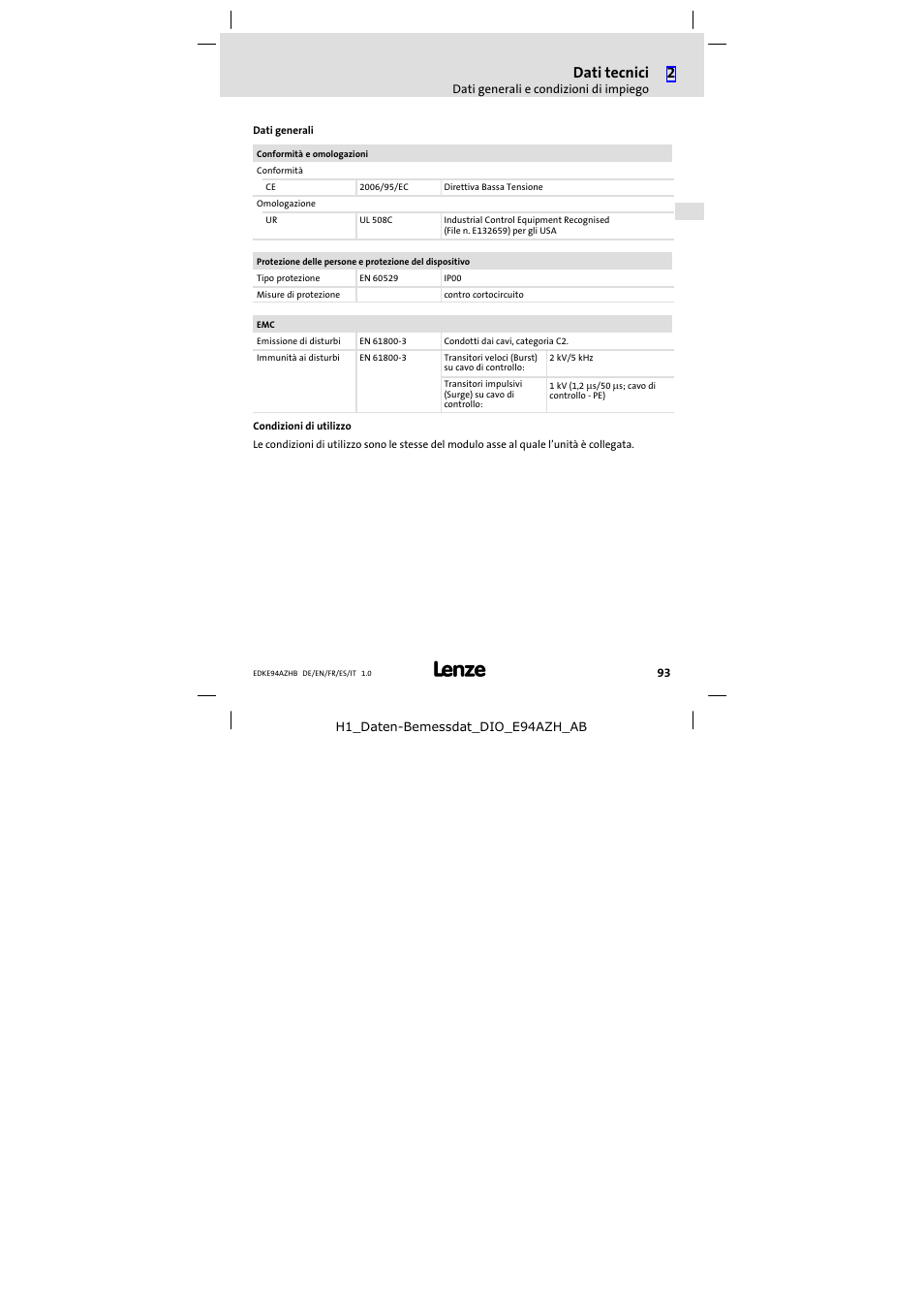 Dati tecnici | Lenze E94AZHB0101 User Manual | Page 93 / 104