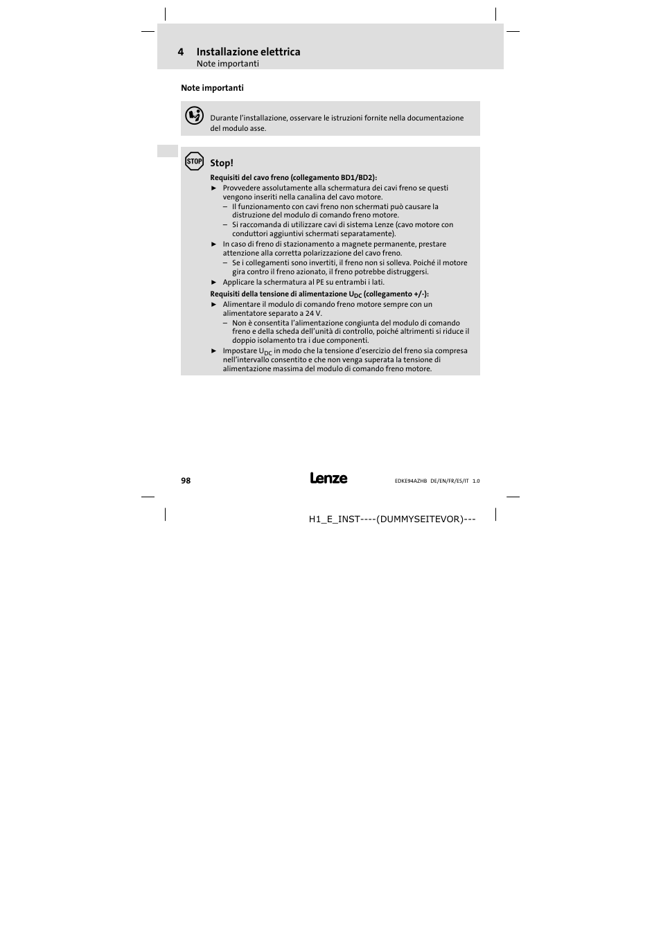 4 installazione elettrica, Note importanti, Installazione elettrica | 4installazione elettrica | Lenze E94AZHB0101 User Manual | Page 98 / 104