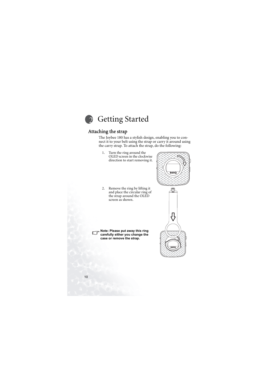 Getting started, Attaching the strap | BenQ Joybee 180 User Manual | Page 16 / 64