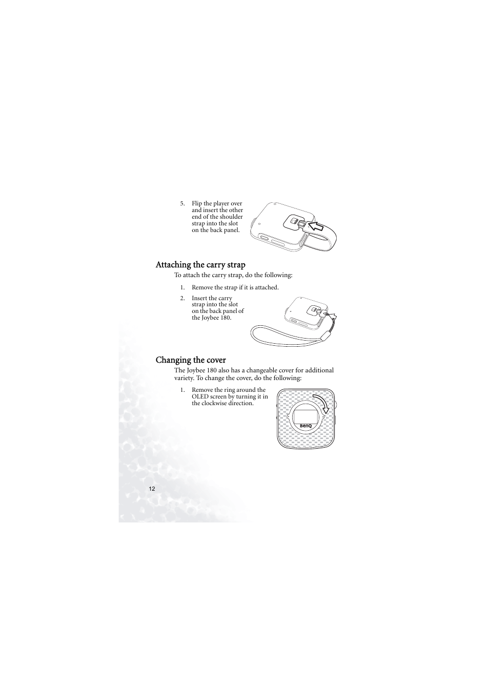 Attaching the carry strap, Changing the cover, Attaching the carry strap changing the cover | BenQ Joybee 180 User Manual | Page 18 / 64