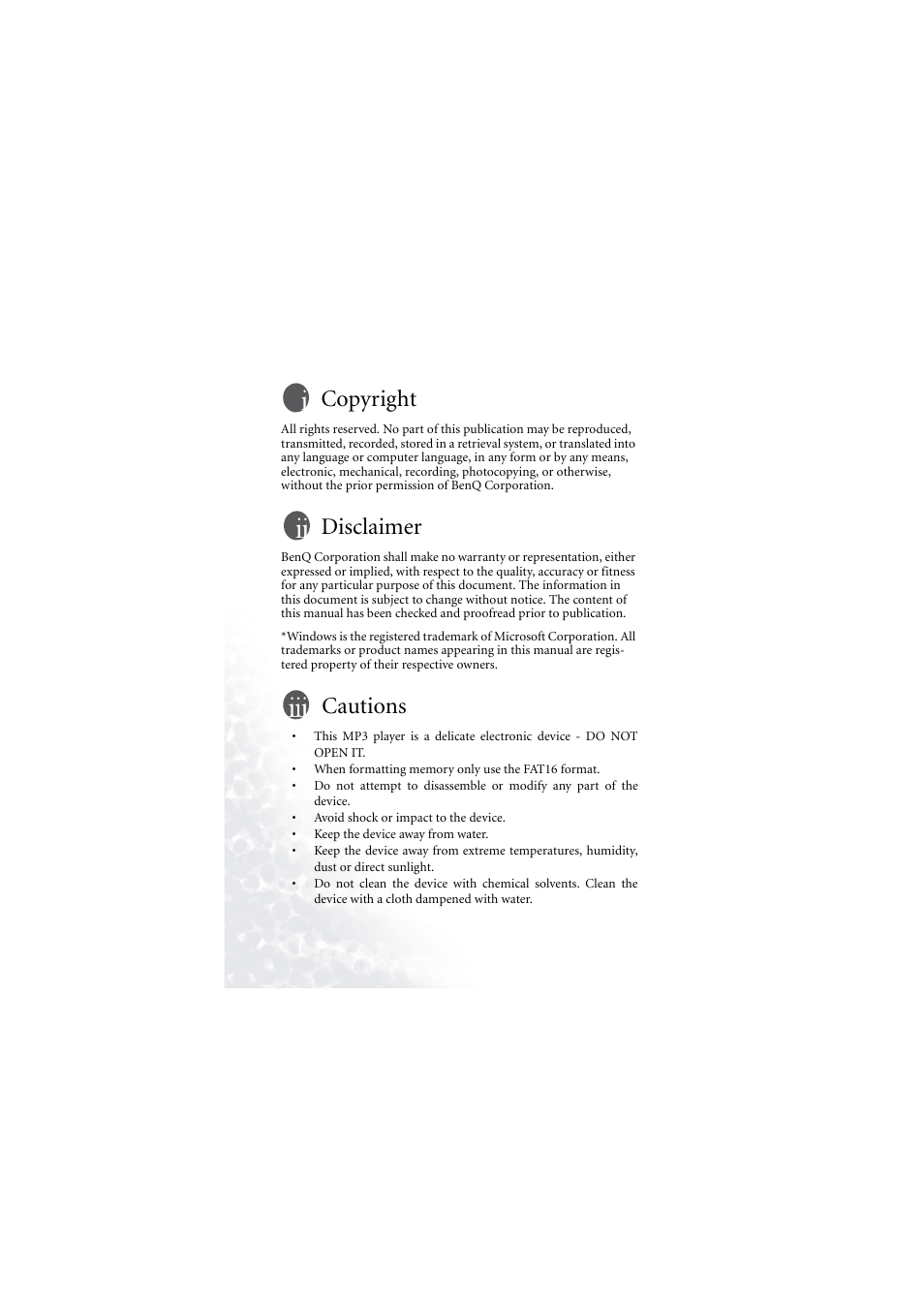 Copyright, Disclaimer, Cautions | BenQ Joybee 180 User Manual | Page 2 / 64