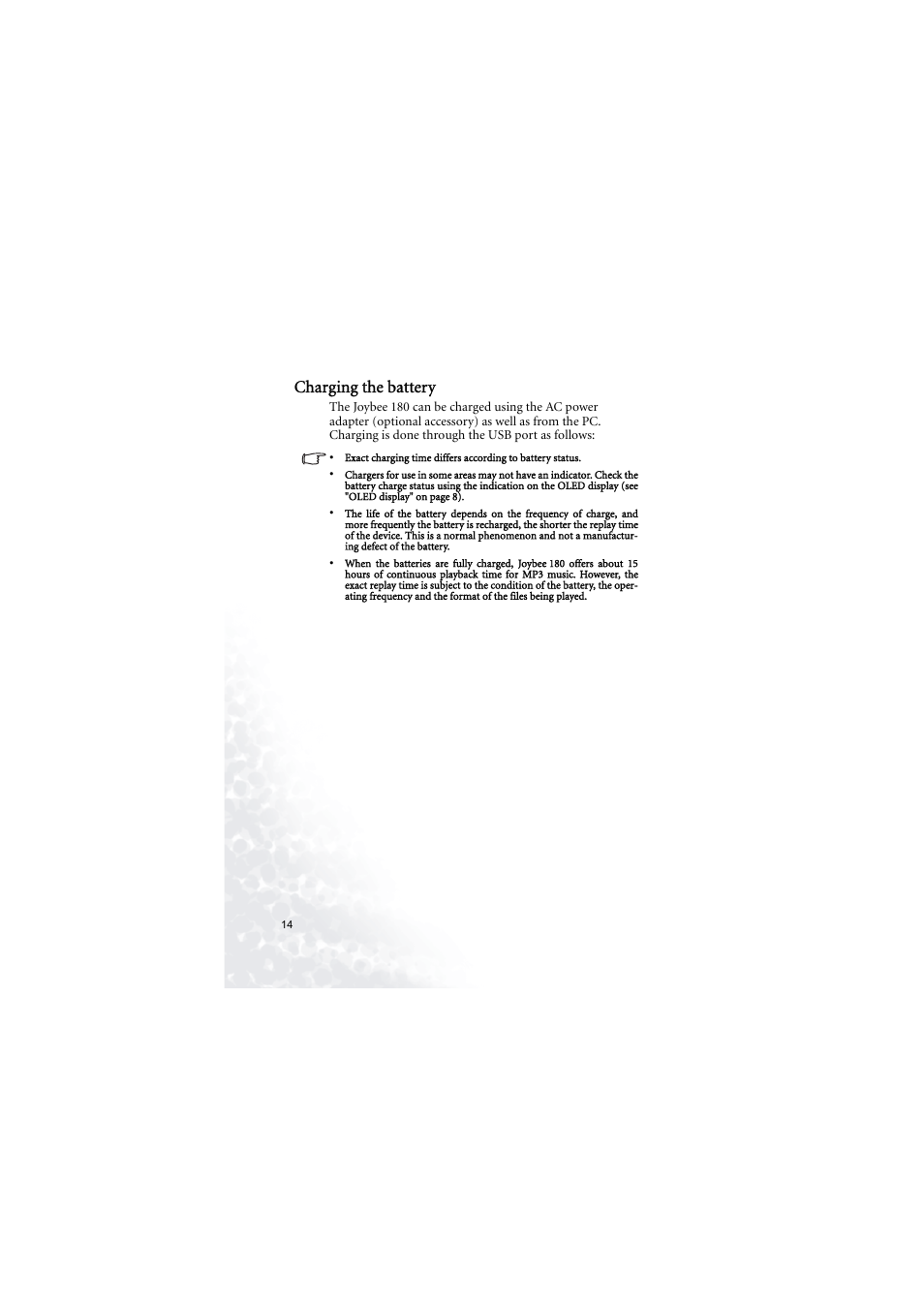 Charging the battery | BenQ Joybee 180 User Manual | Page 20 / 64