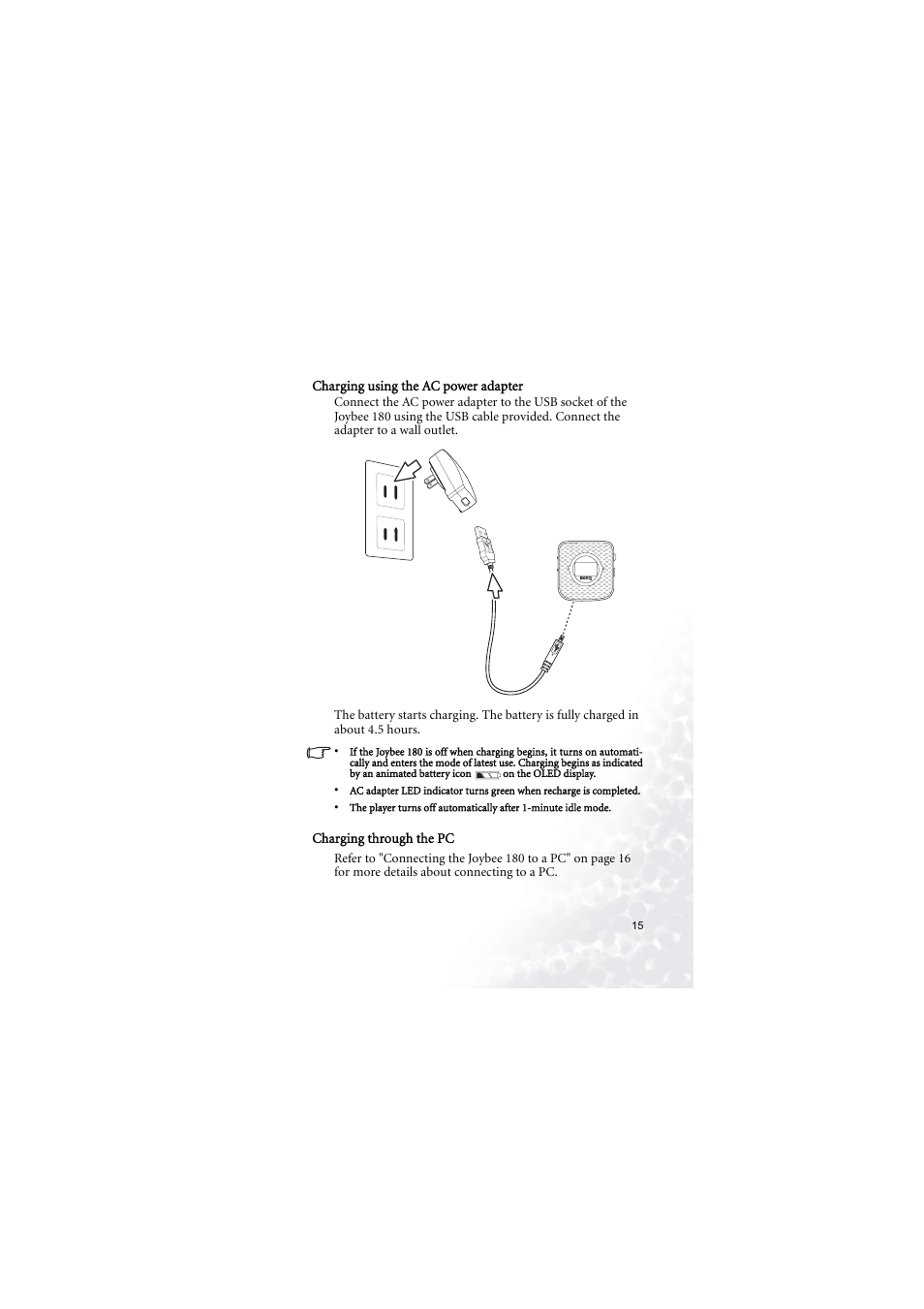 Charging using the ac power adapter, Charging through the pc | BenQ Joybee 180 User Manual | Page 21 / 64