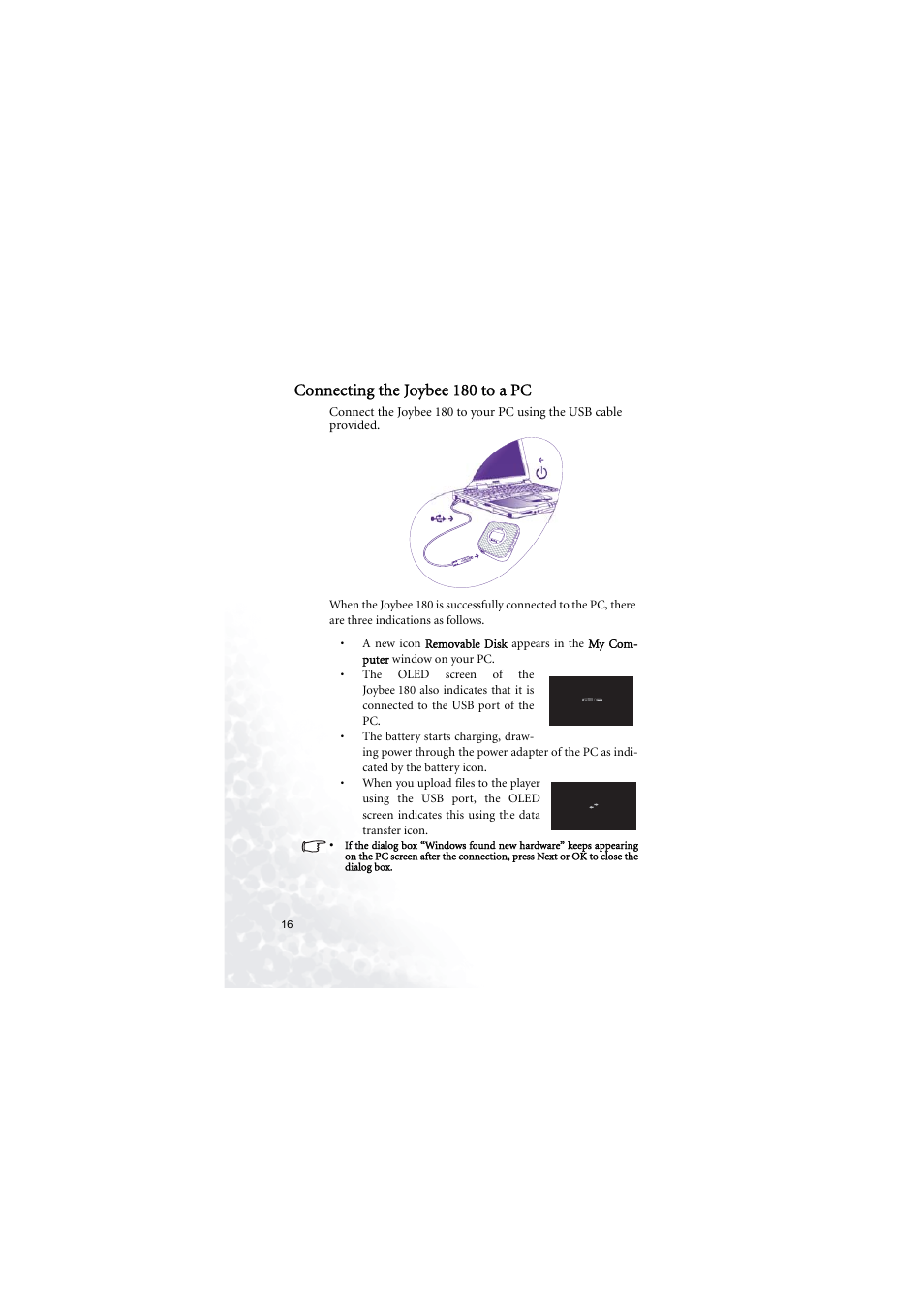 Connecting the joybee180 to a pc, Connecting the joybee 180 to a pc | BenQ Joybee 180 User Manual | Page 22 / 64