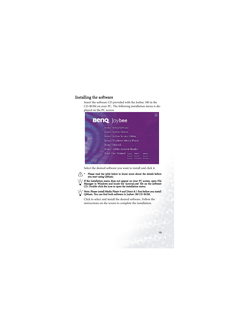 Installing the software | BenQ Joybee 180 User Manual | Page 25 / 64