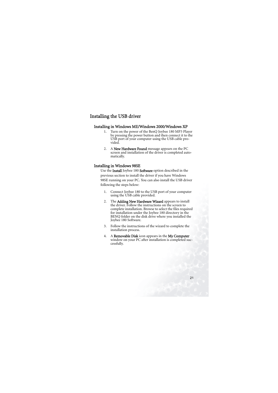 Installing the usb driver, Installing in windows me/windows 2000/windows xp, Installing in windows 98se | BenQ Joybee 180 User Manual | Page 27 / 64