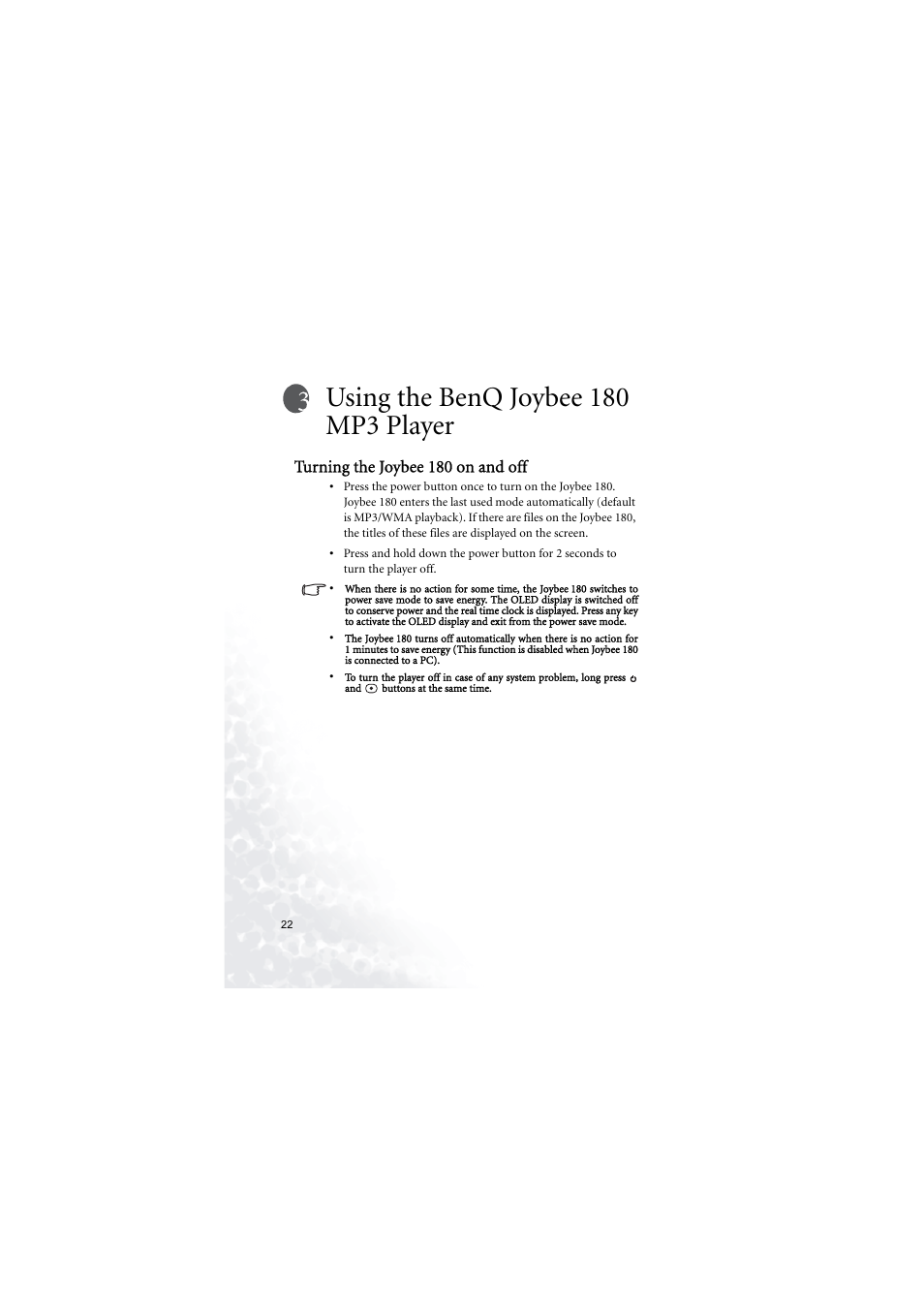 Using the benq joybee180 mp3 player, Turning the joybee180 on and off, Using the benq joybee 180 mp3 player | Turning the joybee 180 on and off | BenQ Joybee 180 User Manual | Page 28 / 64