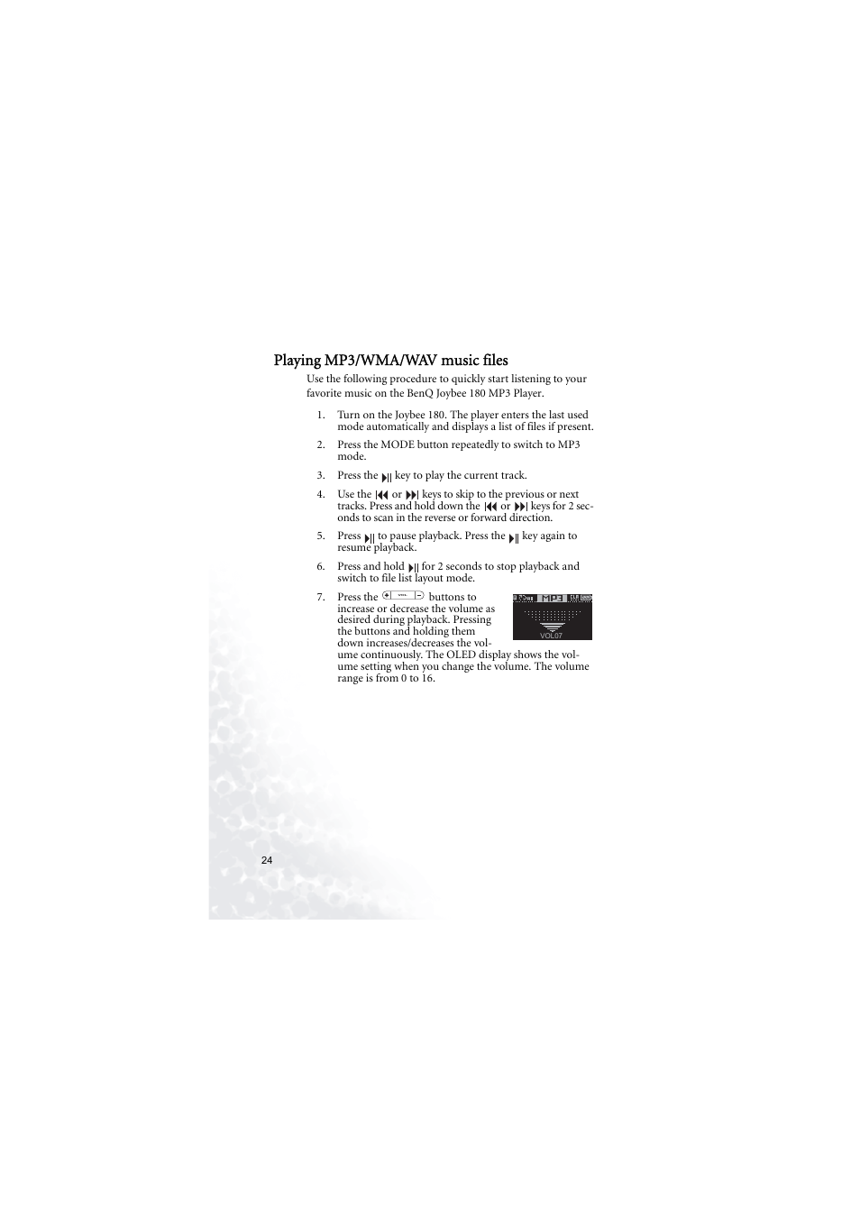 Playing mp3/wma/wav music files | BenQ Joybee 180 User Manual | Page 30 / 64