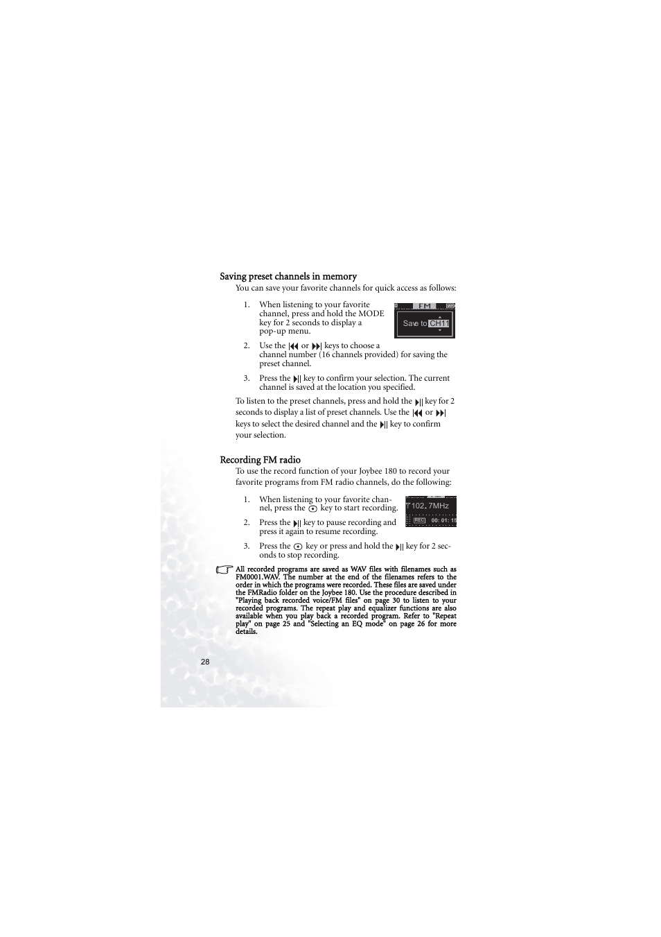 Saving preset channels in memory, Recording fm radio | BenQ Joybee 180 User Manual | Page 34 / 64