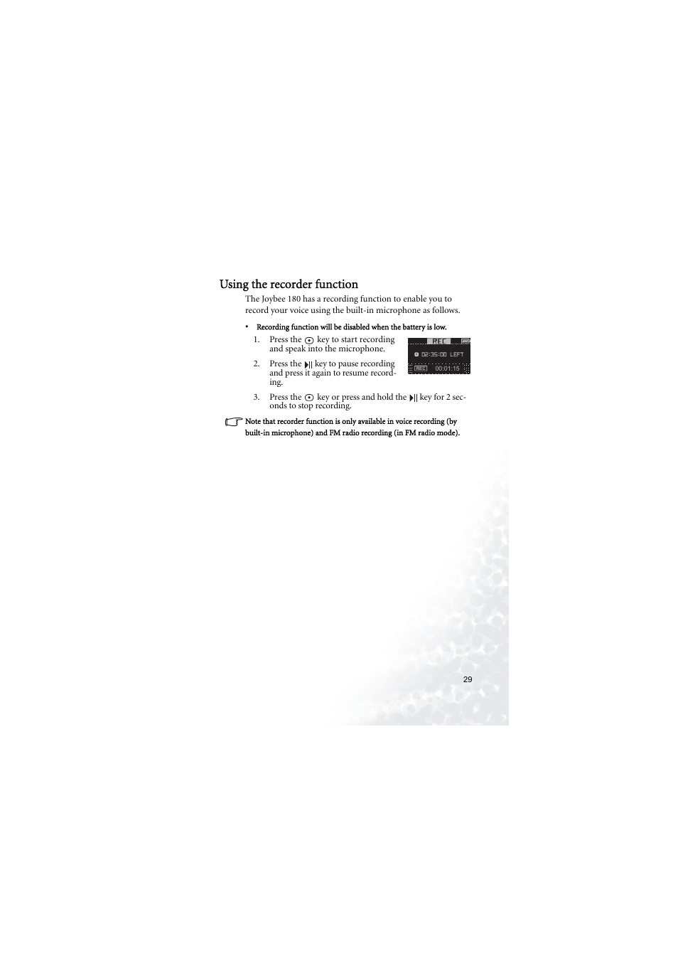 Using the recorder function | BenQ Joybee 180 User Manual | Page 35 / 64