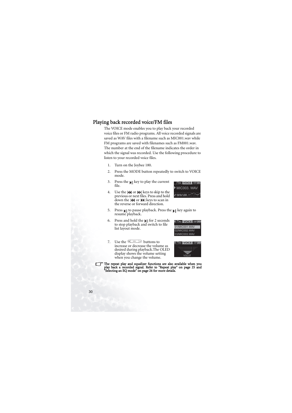Playing back recorded voice/fm files | BenQ Joybee 180 User Manual | Page 36 / 64