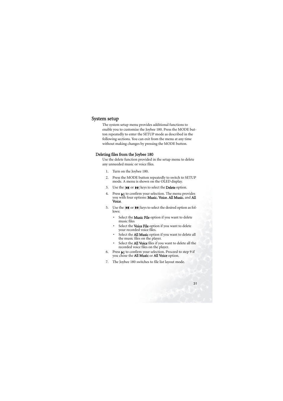 System setup, Deleting files from the joybee180, Deleting files from the joybee 180 | BenQ Joybee 180 User Manual | Page 37 / 64