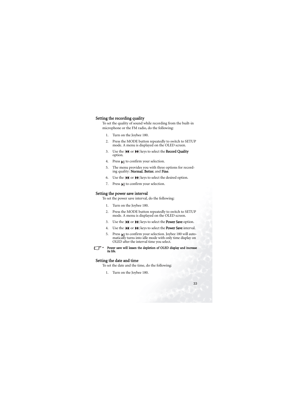 Setting the recording quality, Setting the power save interval, Setting the date and time | BenQ Joybee 180 User Manual | Page 39 / 64