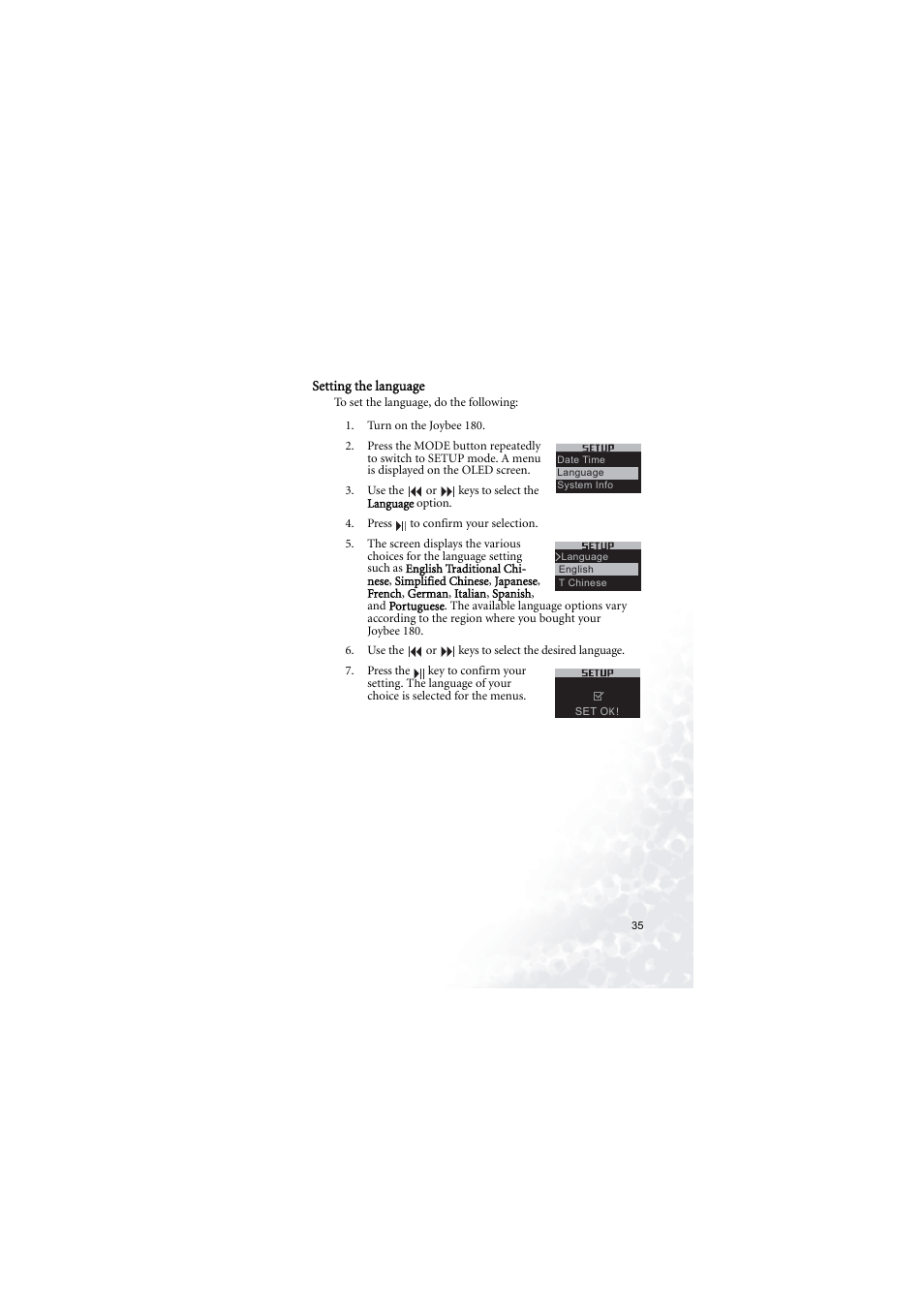 Setting the language | BenQ Joybee 180 User Manual | Page 41 / 64