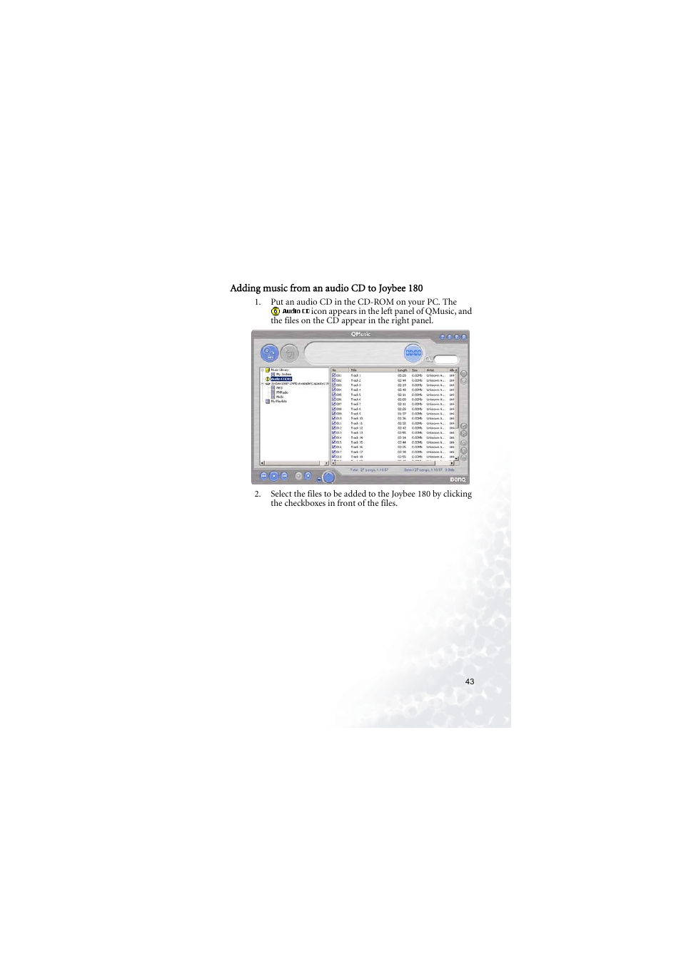 Adding music from an audio cd to joybee180, Adding music from an audio cd to joybee 180 | BenQ Joybee 180 User Manual | Page 49 / 64
