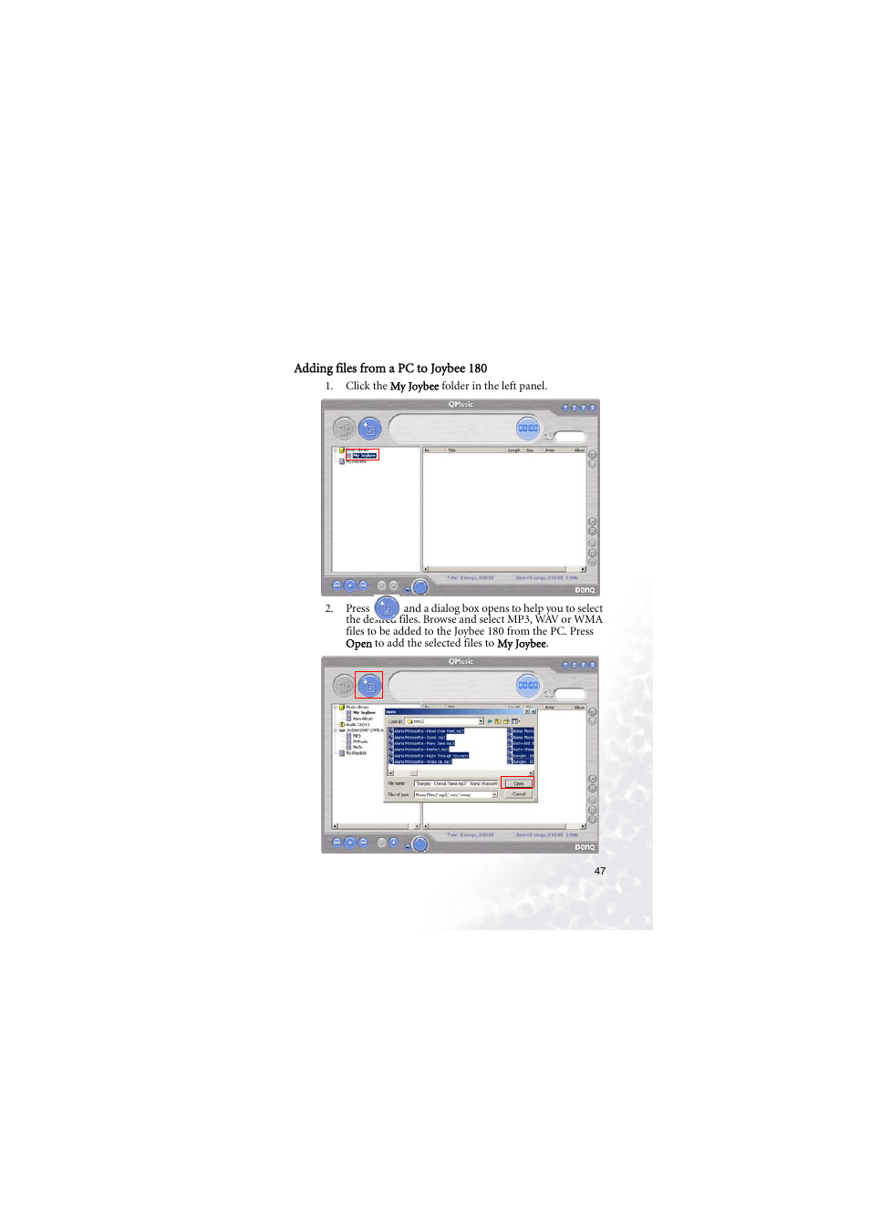 Adding files from a pc to joybee180, Adding files from a pc to joybee 180 | BenQ Joybee 180 User Manual | Page 53 / 64