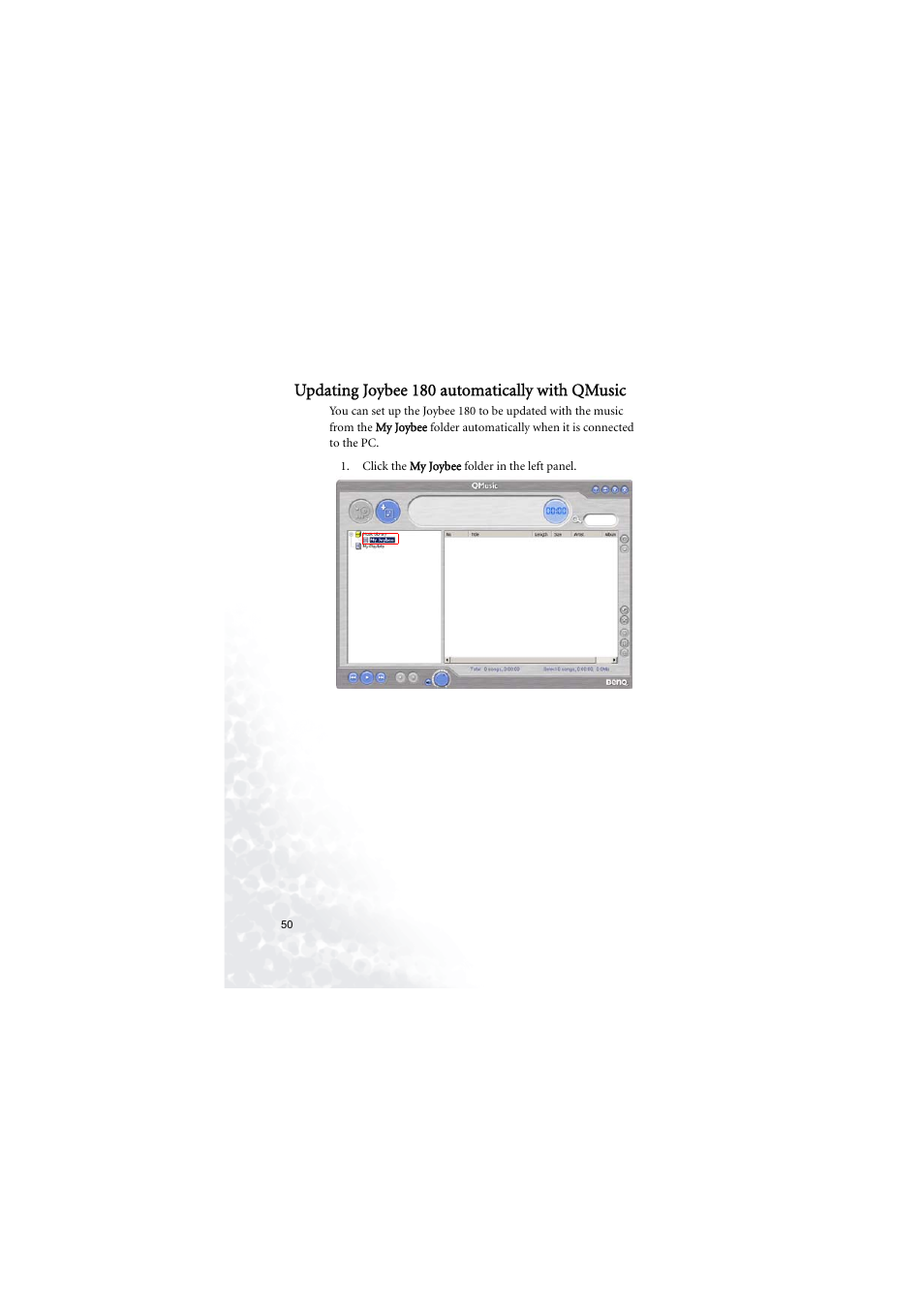 Updating joybee180 automatically with qmusic, Updating joybee 180 automatically with qmusic | BenQ Joybee 180 User Manual | Page 56 / 64