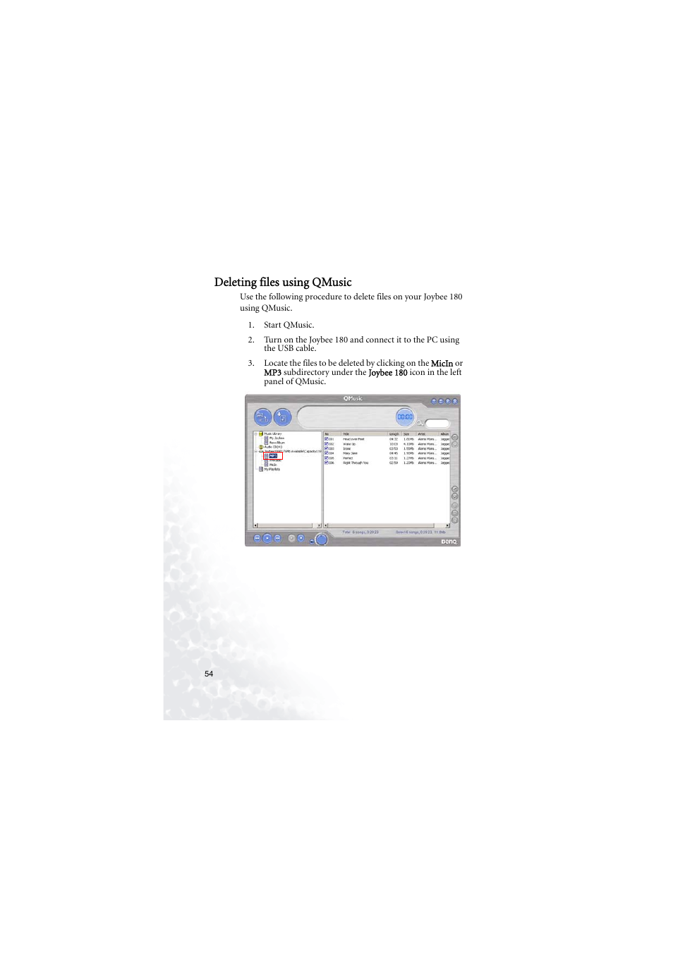 Deleting files using qmusic | BenQ Joybee 180 User Manual | Page 60 / 64