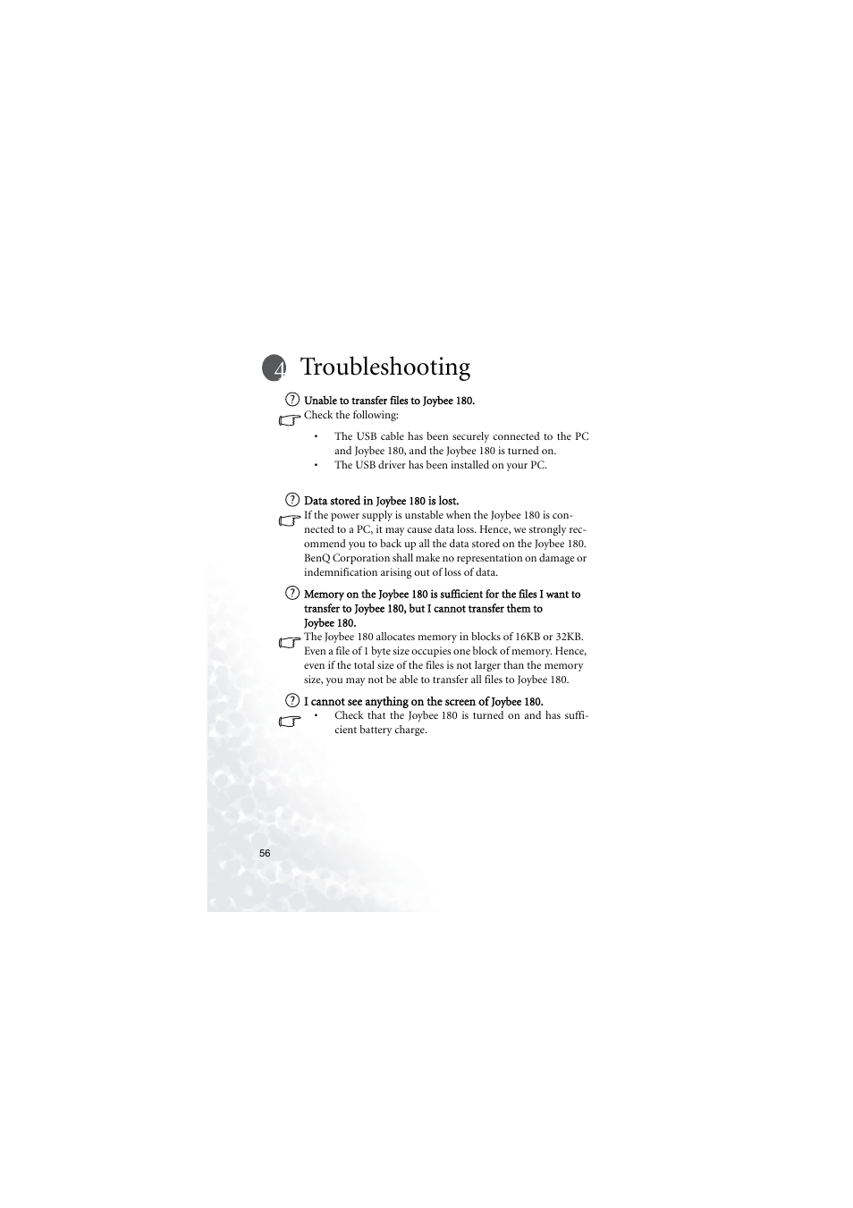 Troubleshooting | BenQ Joybee 180 User Manual | Page 62 / 64