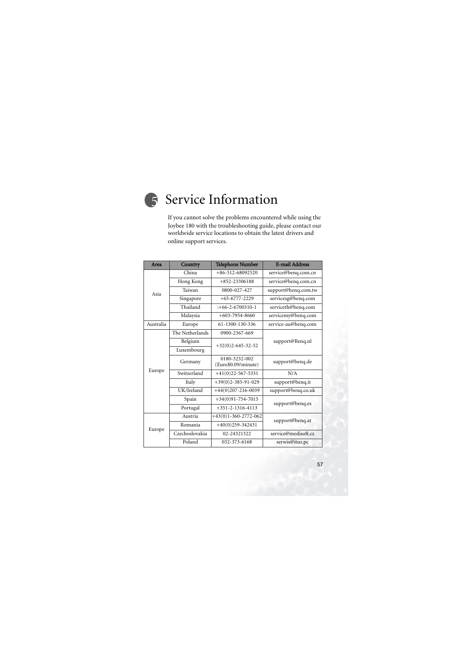 Service information | BenQ Joybee 180 User Manual | Page 63 / 64