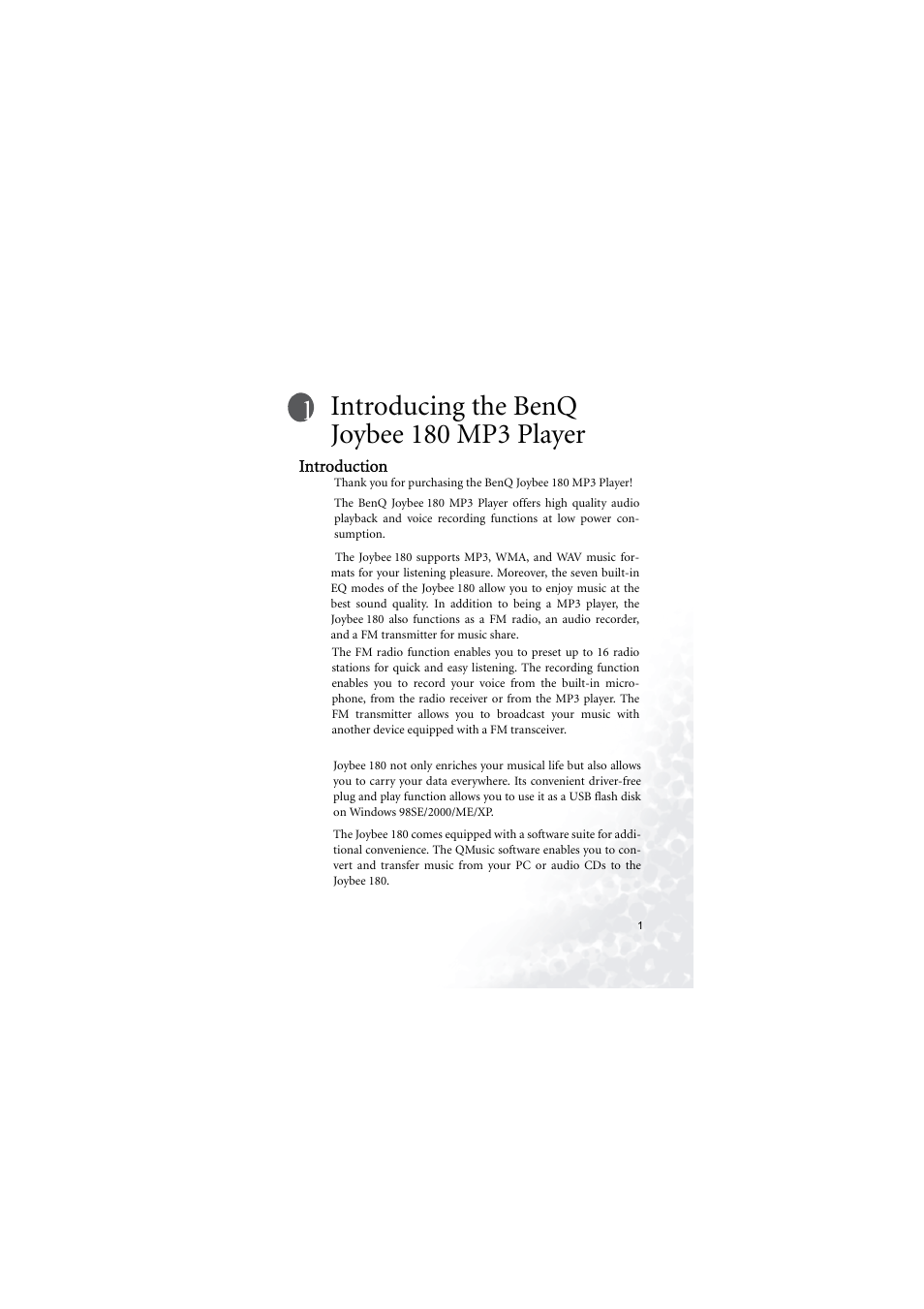 Introducing the benq joybee180 mp3 player, Introduction, Introducing the benq joybee 180 mp3 player | BenQ Joybee 180 User Manual | Page 7 / 64