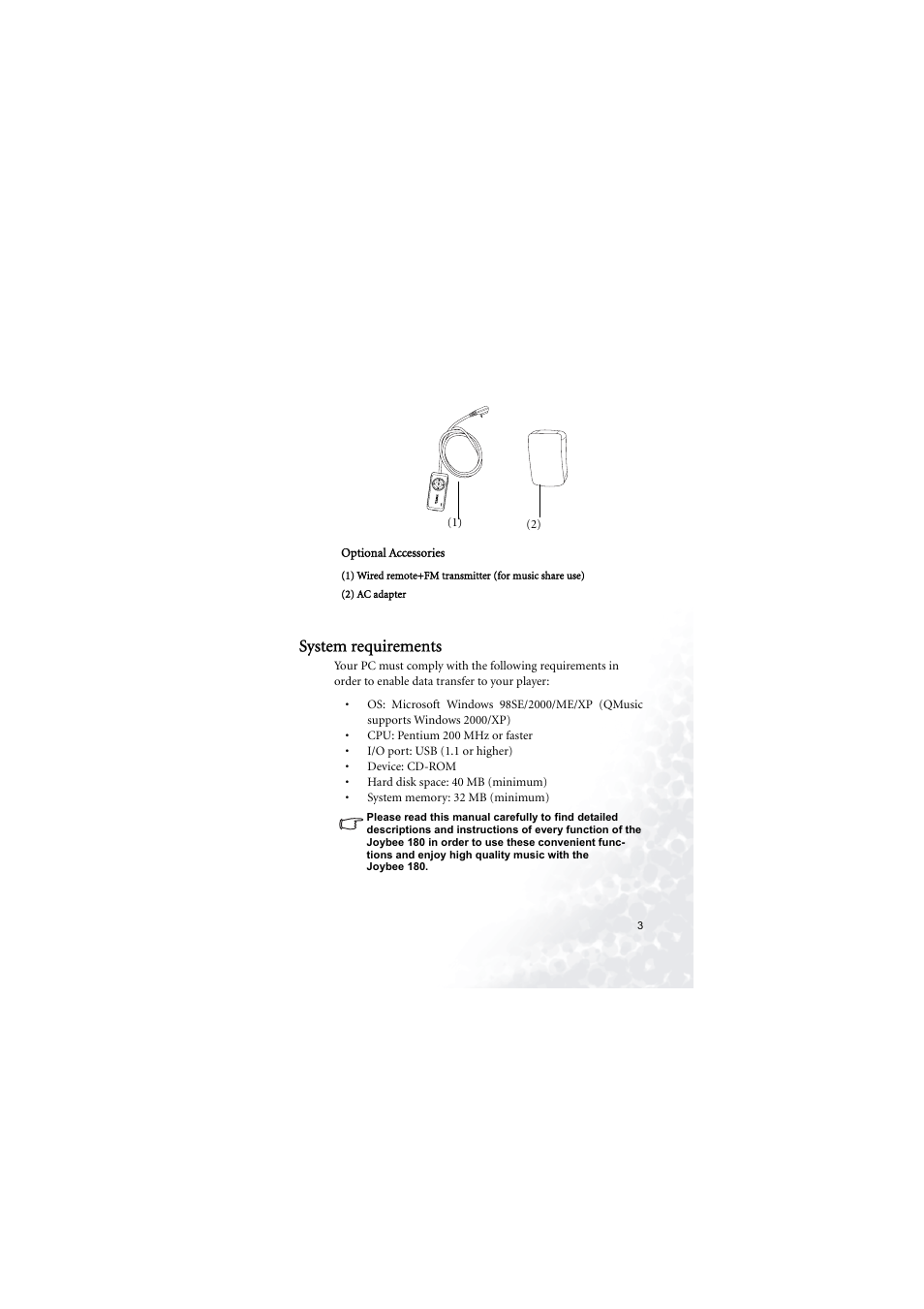 System requirements | BenQ Joybee 180 User Manual | Page 9 / 64