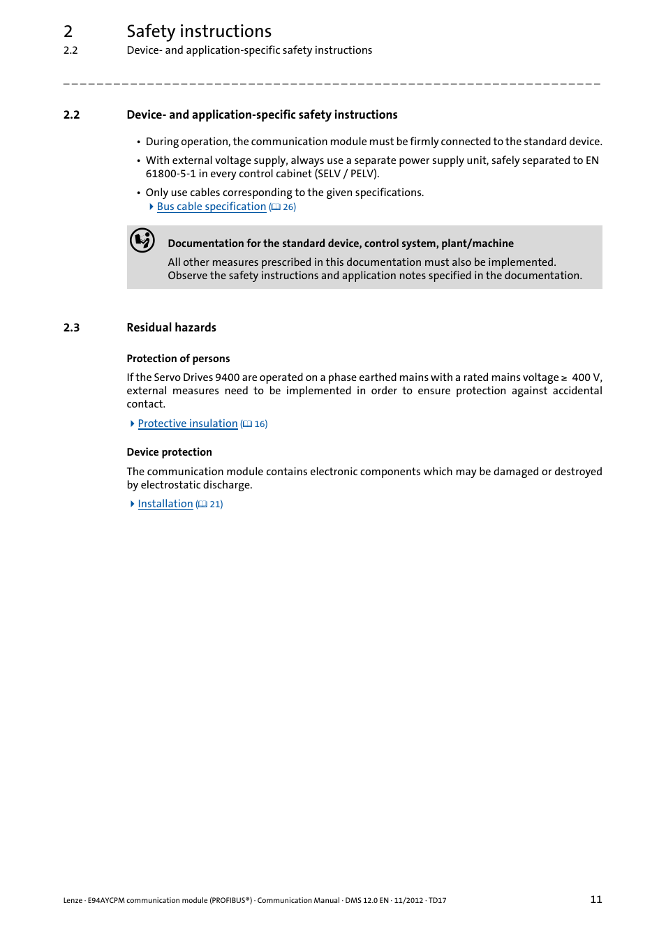 3 residual hazards, Residual hazards, 2safety instructions | Lenze E94AYCPM User Manual | Page 11 / 125