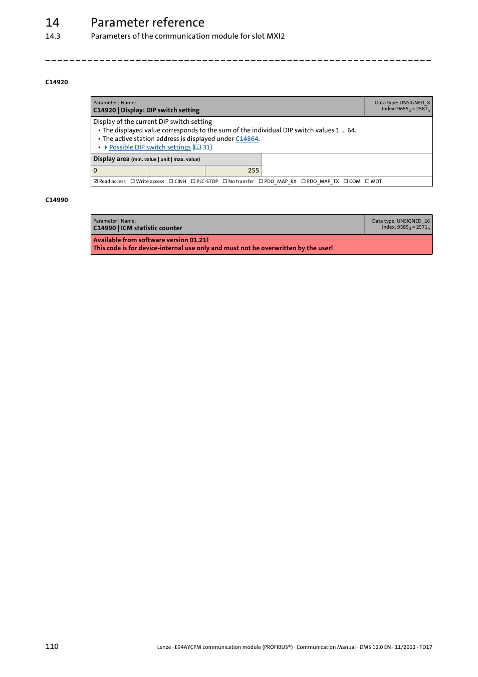 C14920 | display: dip switch setting, C14990 | icm statistic counter, C14920 | Display of th, 14 parameter reference | Lenze E94AYCPM User Manual | Page 110 / 125