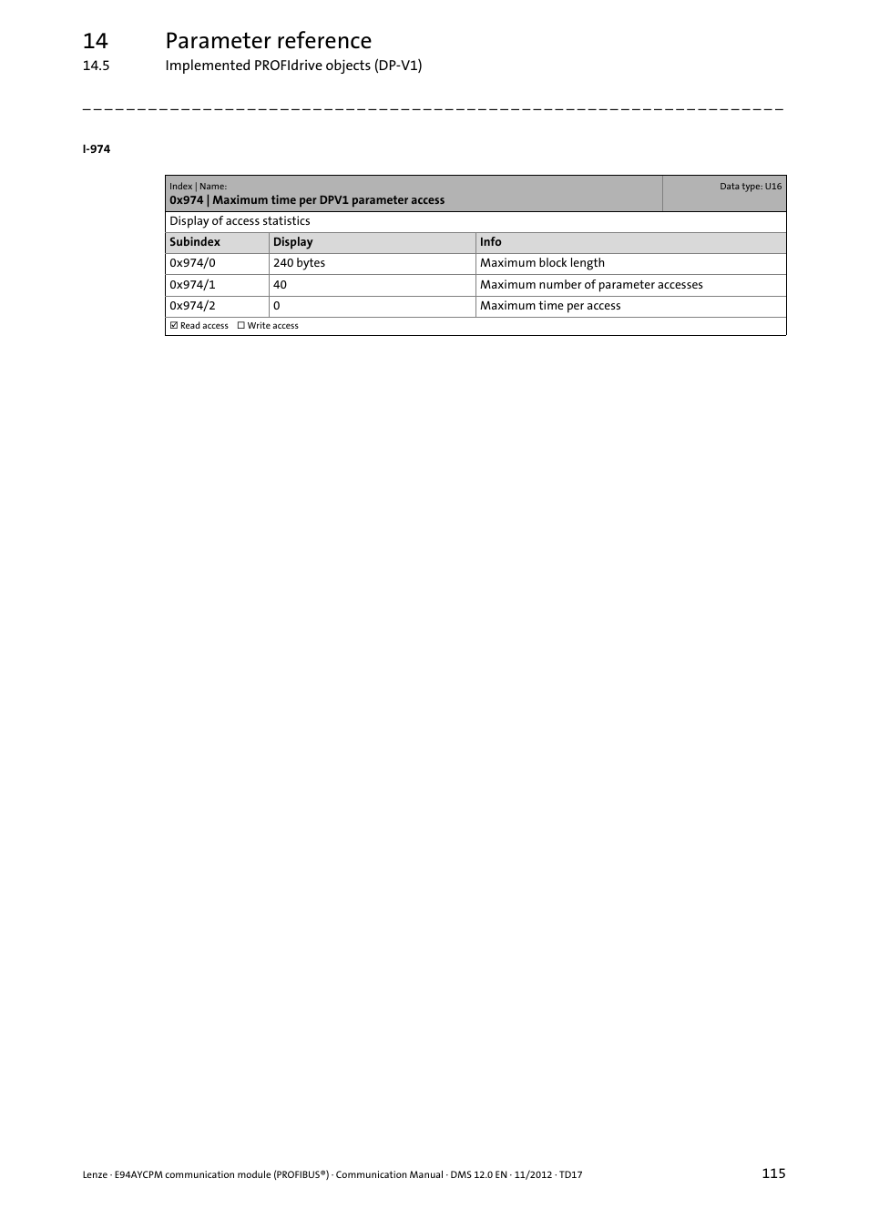 0x974 | maximum time per dpv1 parameter access, 14 parameter reference | Lenze E94AYCPM User Manual | Page 115 / 125