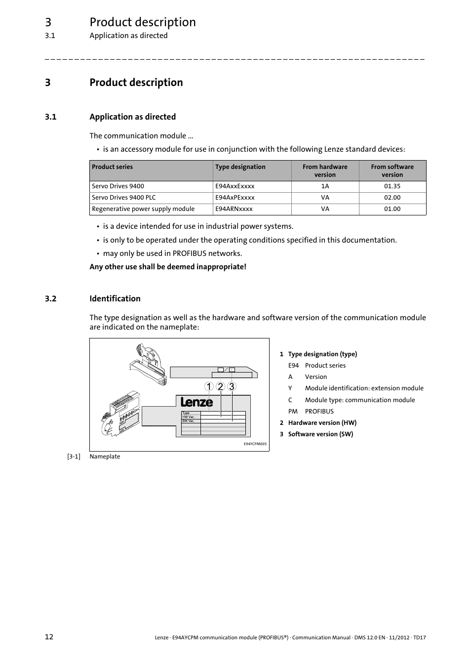 3 product description, 1 application as directed, 2 identification | Product description, Application as directed, Identification, 3product description | Lenze E94AYCPM User Manual | Page 12 / 125