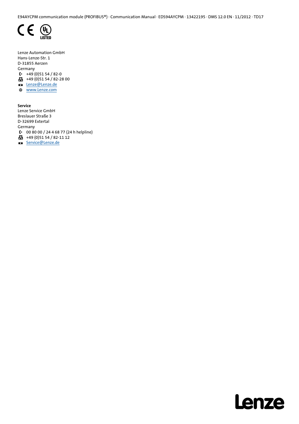 Lenze E94AYCPM User Manual | Page 125 / 125