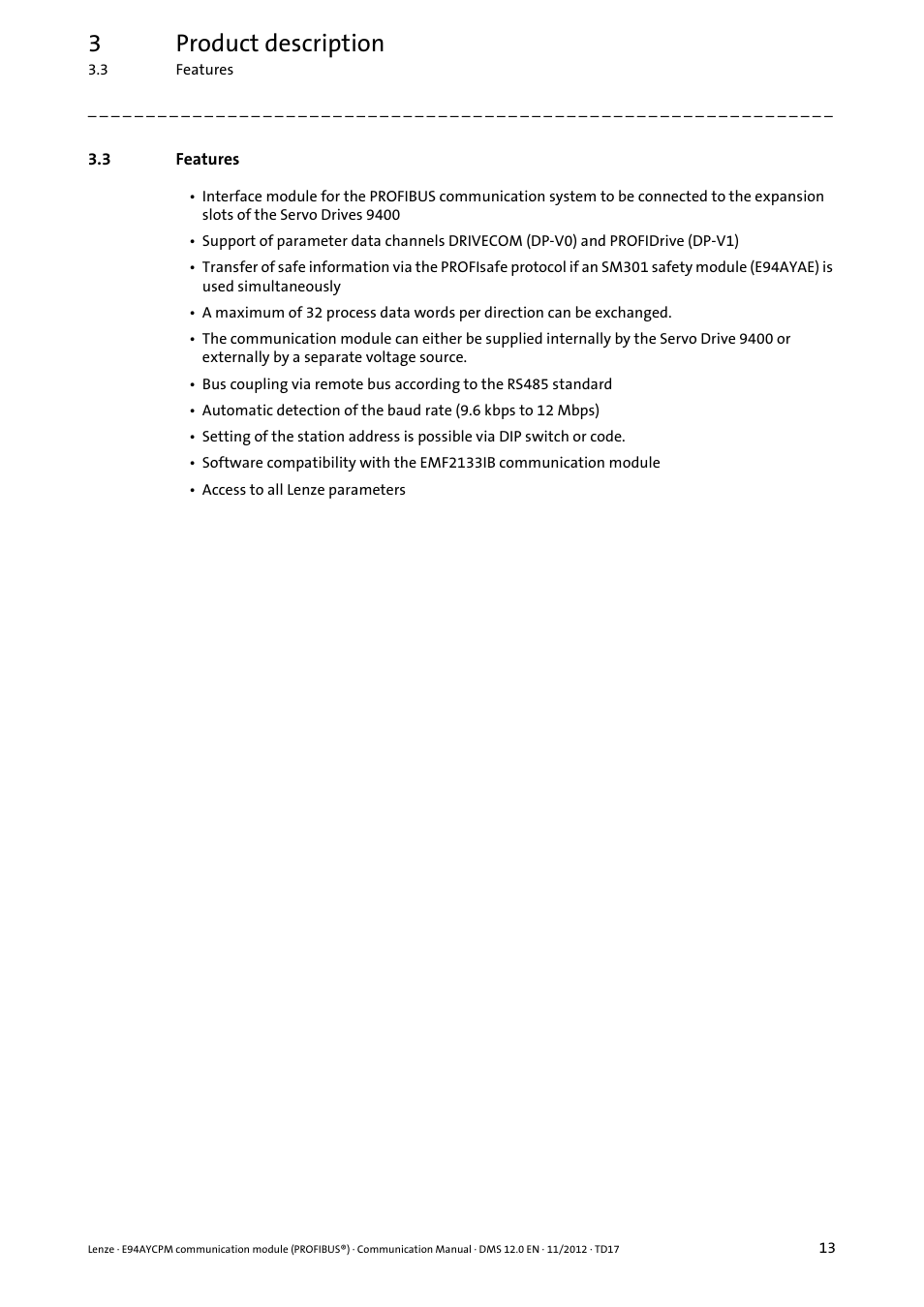 3 features, Features, 3product description | Lenze E94AYCPM User Manual | Page 13 / 125